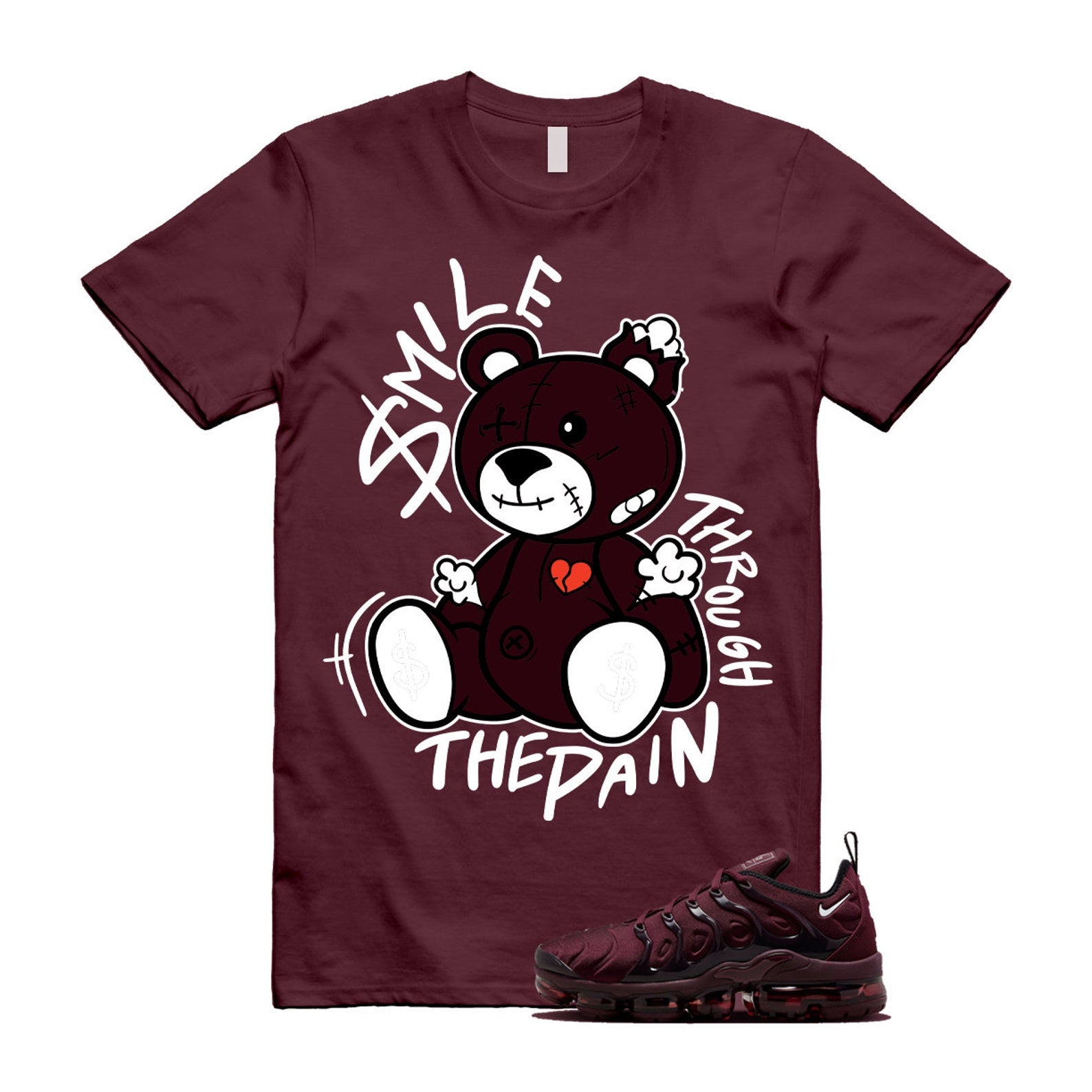 VaporMax Night Maroon Burgundy Cedar White Black Plus Air T Shirt Match Smile Through The Pain ,FN6850-681 T-Shirt, Sneaker Match Tee