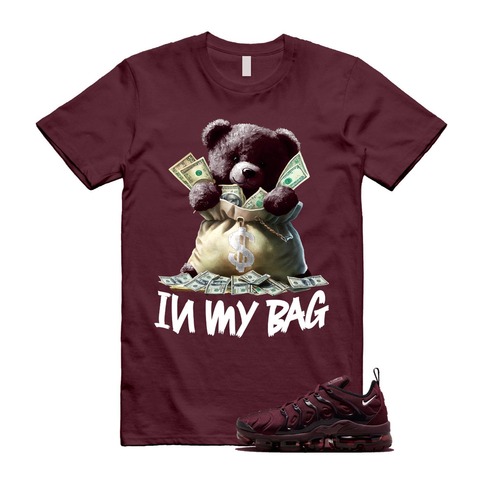 VaporMax Night Maroon Burgundy Cedar White Black Plus Air T Shirt Match BAG ,FN6850-681 T-Shirt, Sneaker Match Tee