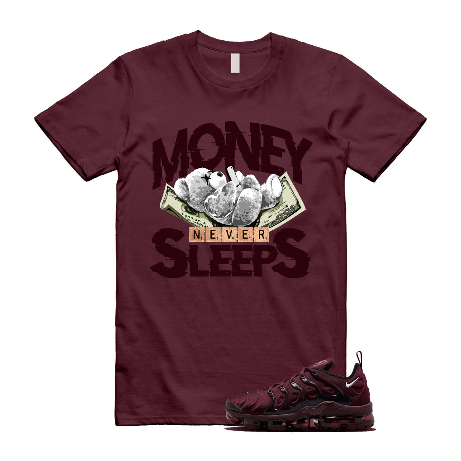 VaporMax Night Maroon Burgundy Cedar White Black Plus Air T Shirt Match MNS ,FN6850-681 T-Shirt, Sneaker Match Tee