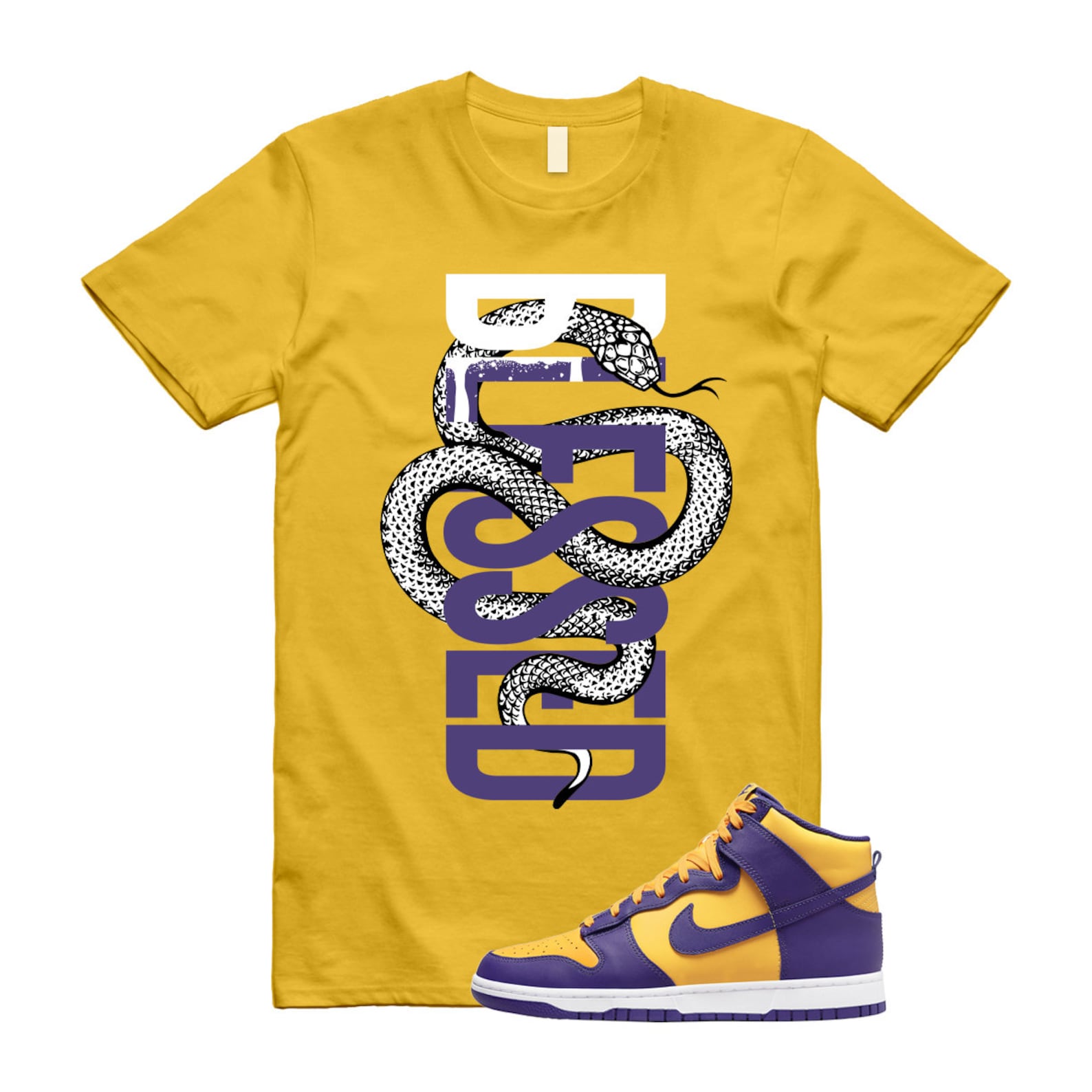 Dunk Lakers University Gold Court Purple High White T Shirt Match SNAKEBLS T-Shirt, Sneaker Match Tee