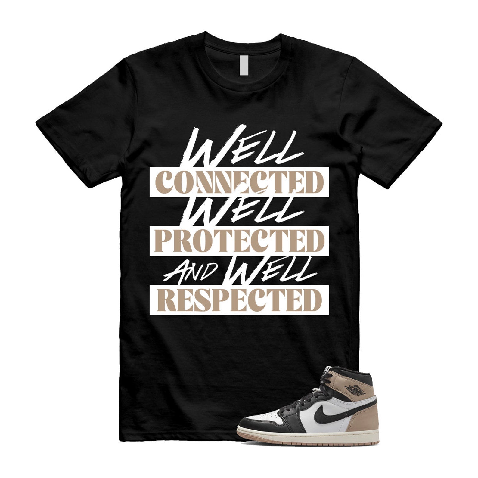 1 Latte High OG Legend Medium Brown White Sail Black T Shirt Match 100WELL, FD2597-021 T-Shirt, Sneaker Match Tee