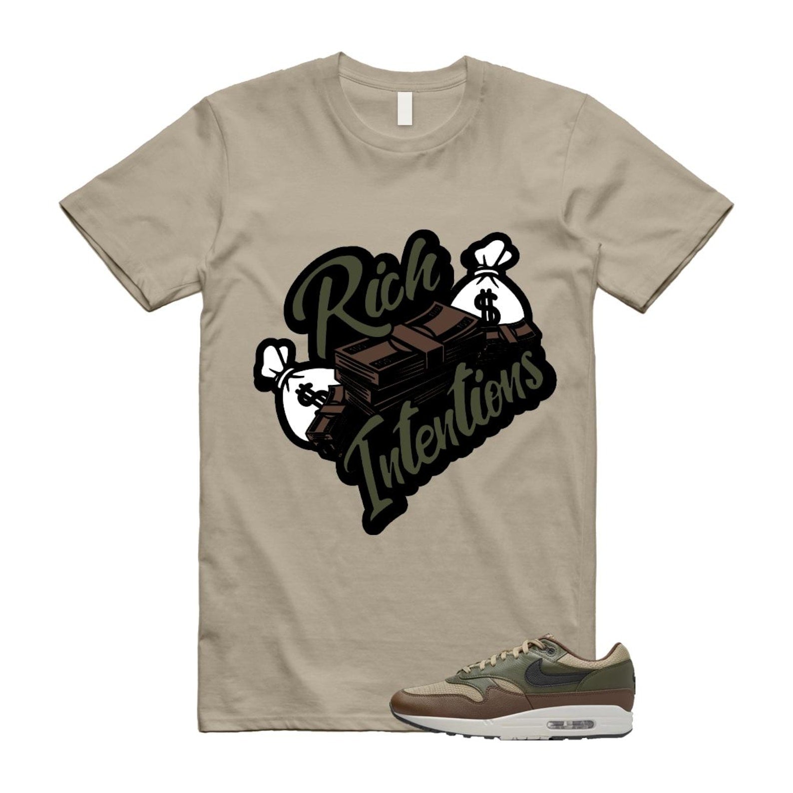 Air Max 1 Essential Premium Cargo Khaki Neutral Olive Cacao Wow T Shirt Match RICH T-Shirt, Sneaker Match Tee