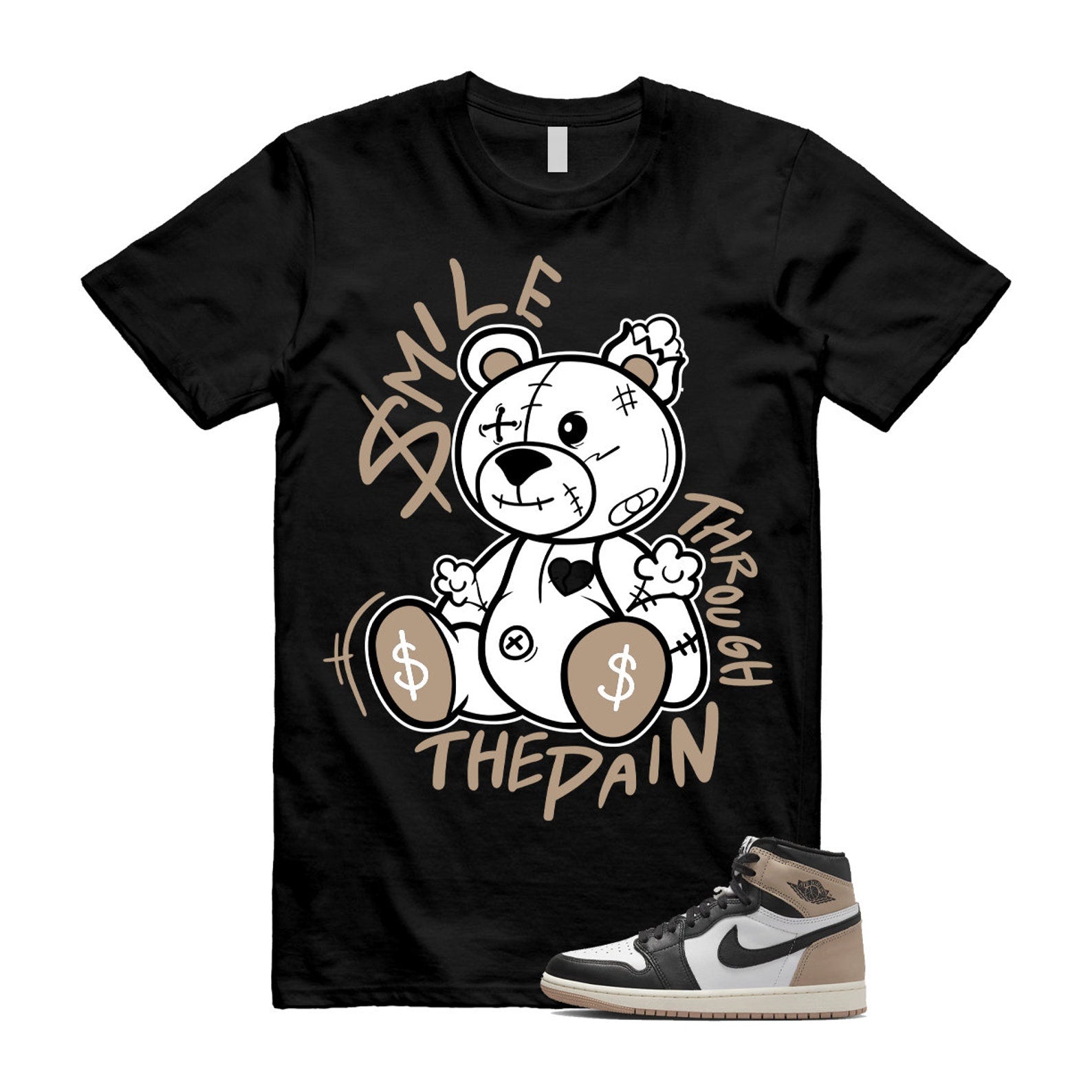 1 Latte High OG Legend Medium Brown White Sail Black T Shirt Match Smile Through The Pain, FD2597-021 T-Shirt, Sneaker Match Tee
