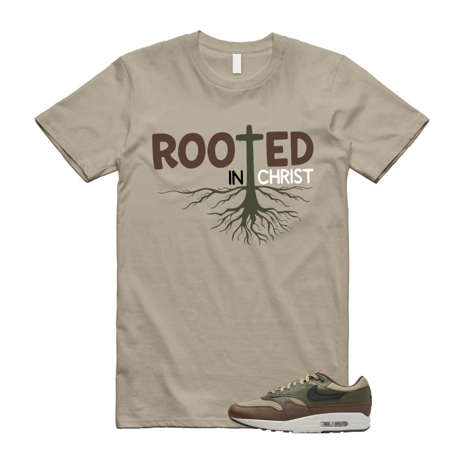 Air Max 1 Essential Premium Cargo Khaki Neutral Olive Cacao Wow T Shirt Match ROOTED T-Shirt, Sneaker Match Tee