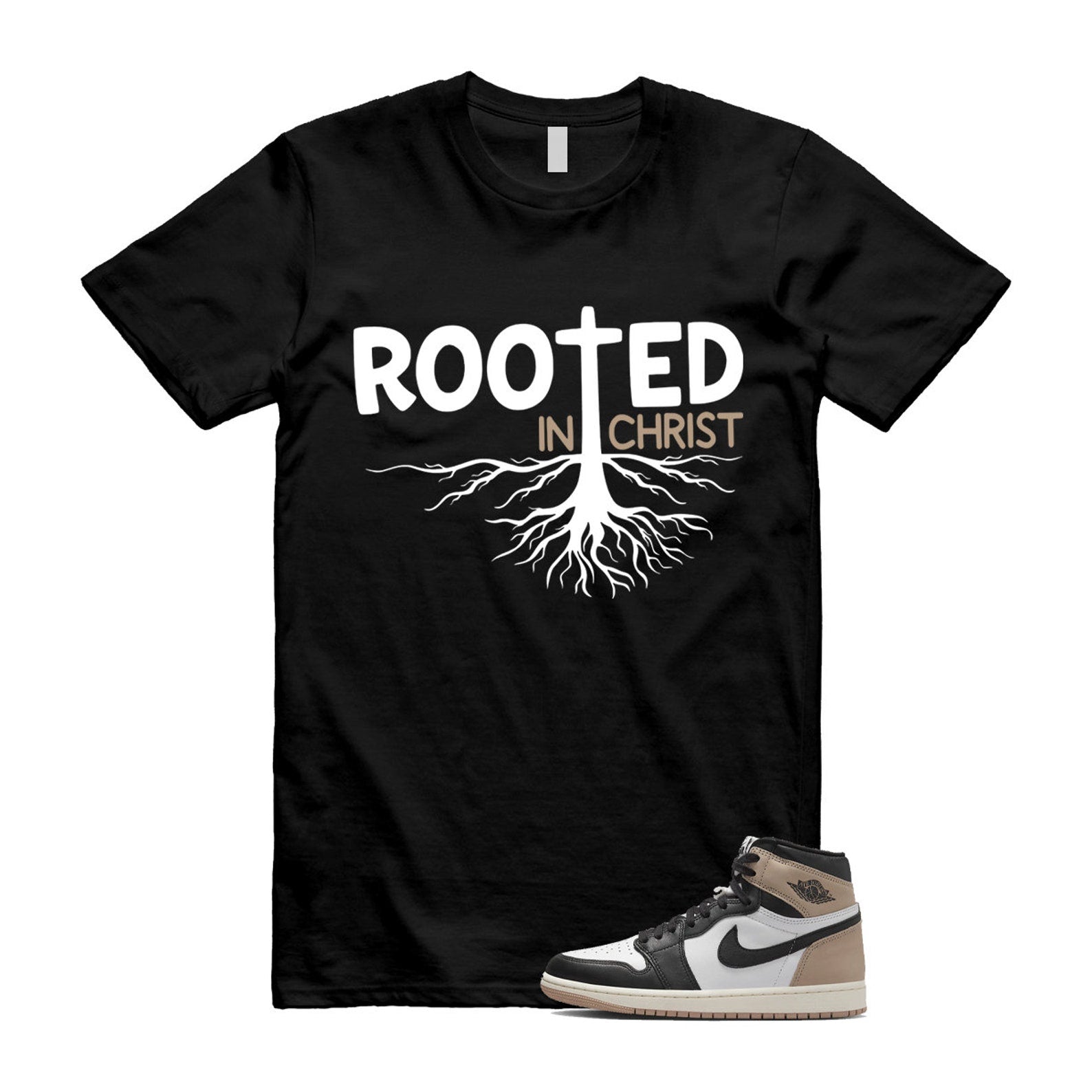 1 Latte High OG Legend Medium Brown White Sail Black T Shirt Match ROOTED, FD2597-021 T-Shirt, Sneaker Match Tee