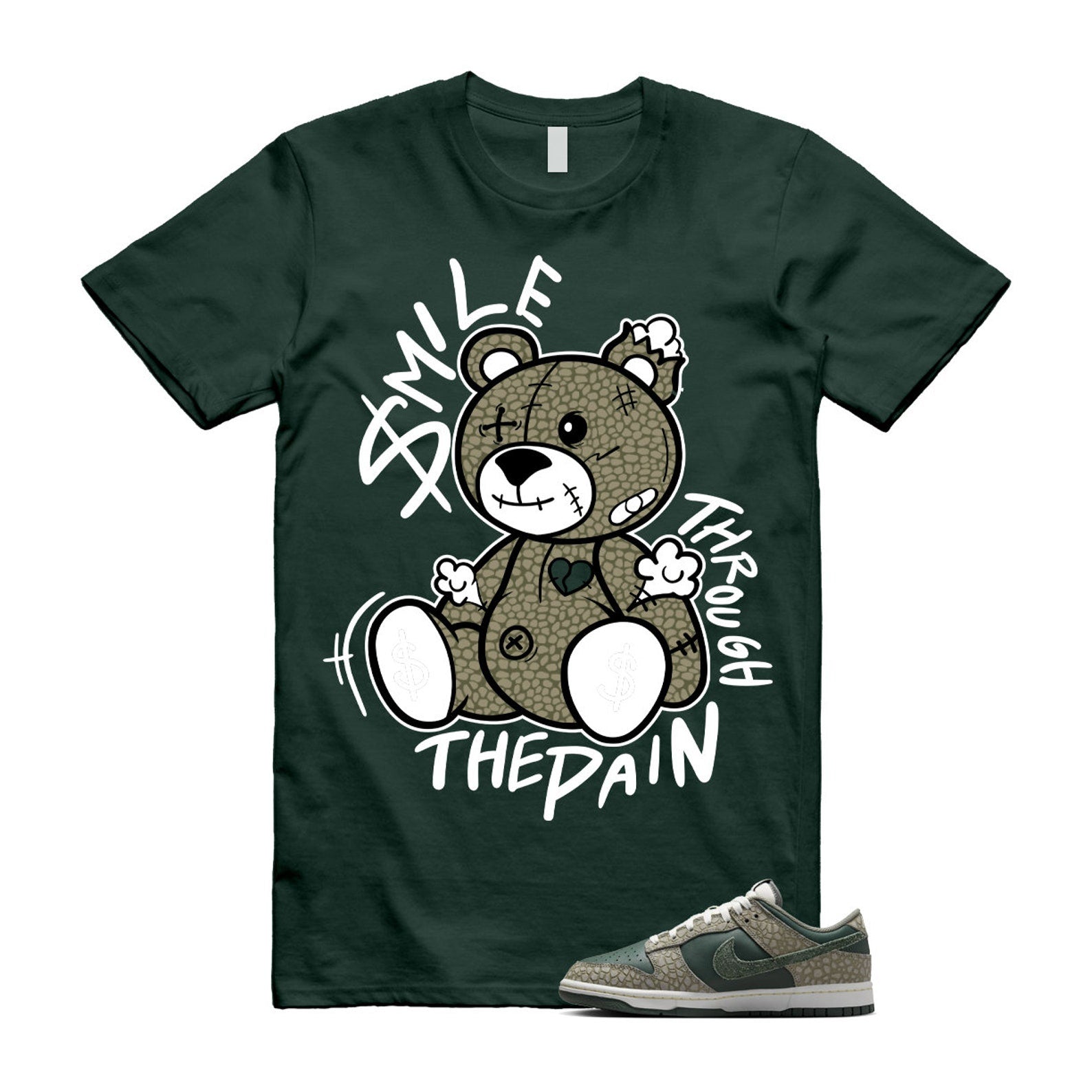 Dunk Urban Landscape 2.0 Low PRM Dark Stucco Vintage Green Summit White Alabaster T Shirt Match Smile Through The Pain T-Shirt, Sneaker Match Tee