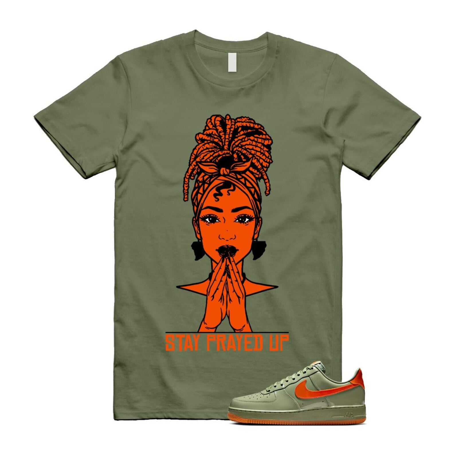 Air Force 1 Wet Putty 2.0 Low '07 Premium Oil Green Safety Orange T Shirt Match PRAY T-Shirt, Sneaker Match Tee