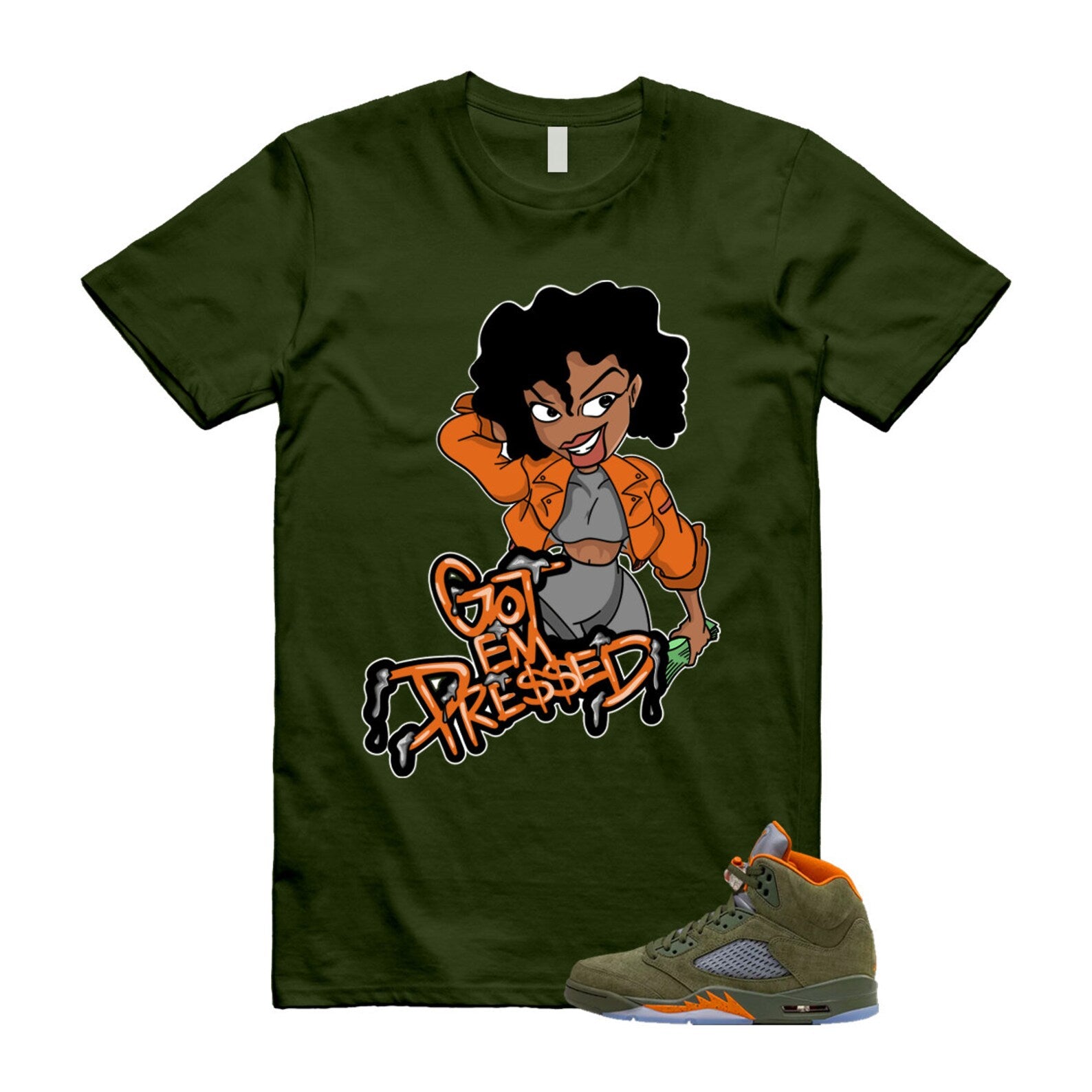 5 Olive Army Solar Orange Black Retro T Shirt Match PRESSED T-Shirt, Sneaker Match Tee