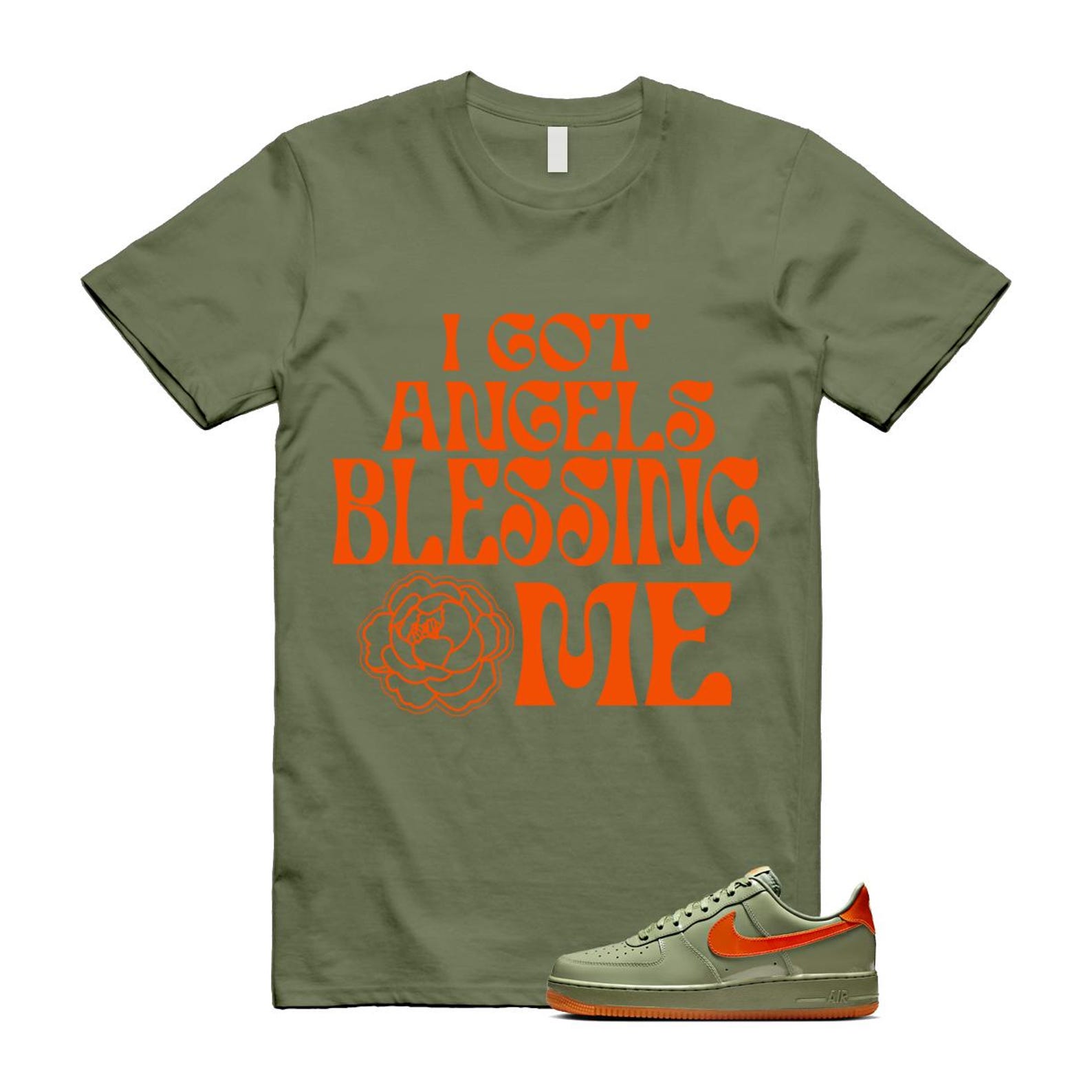 Air Force 1 Wet Putty 2.0 Low '07 Premium Oil Green Safety Orange T Shirt Match ANGELS T-Shirt, Sneaker Match Tee