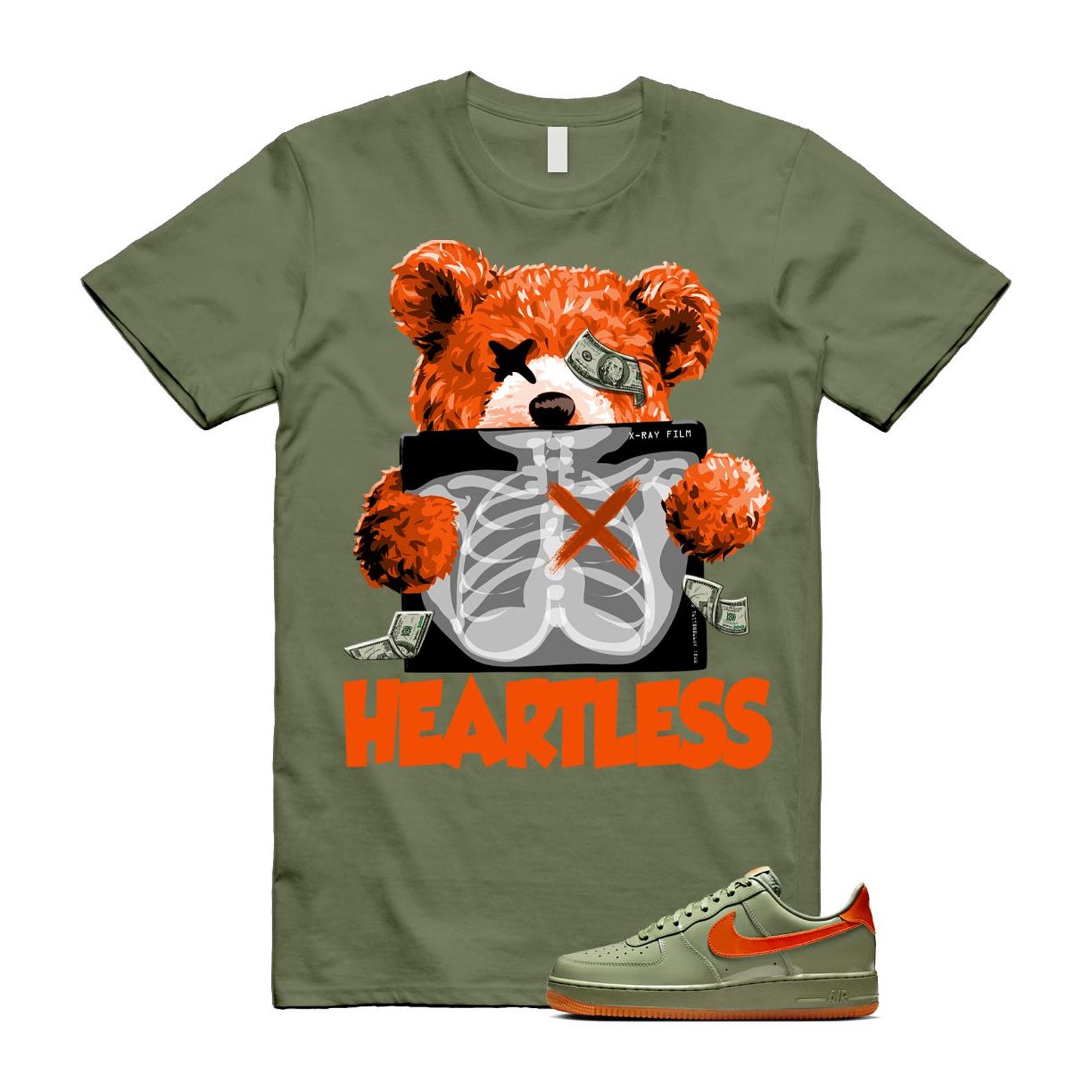 Air Force 1 Wet Putty 2.0 Low '07 Premium Oil Green Safety Orange T Shirt Match HEART T-Shirt, Sneaker Match Tee