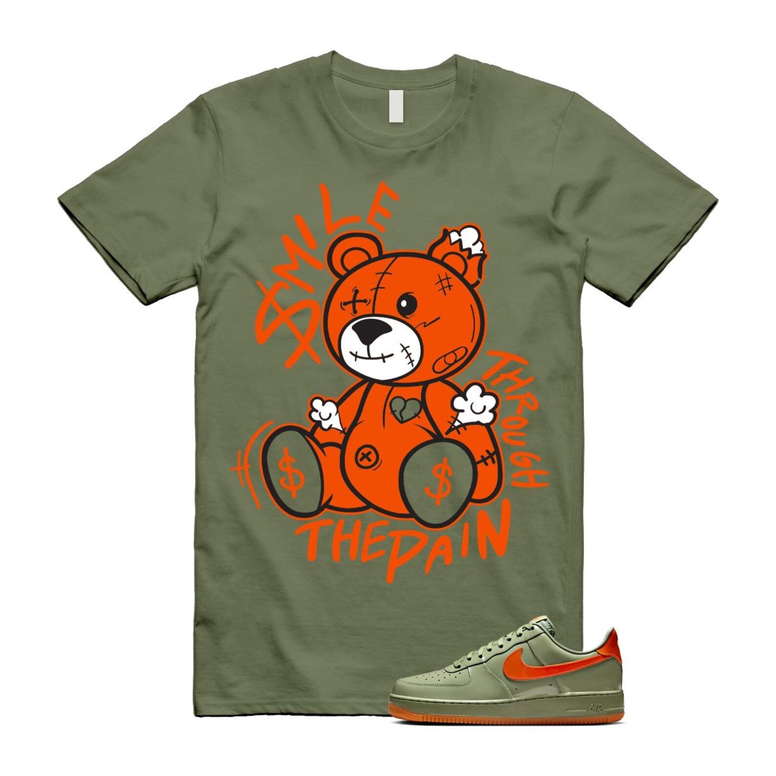 Air Force 1 Wet Putty 2.0 Low '07 Premium Oil Green Safety Orange T Shirt Match Smile Through The Pain T-Shirt, Sneaker Match Tee