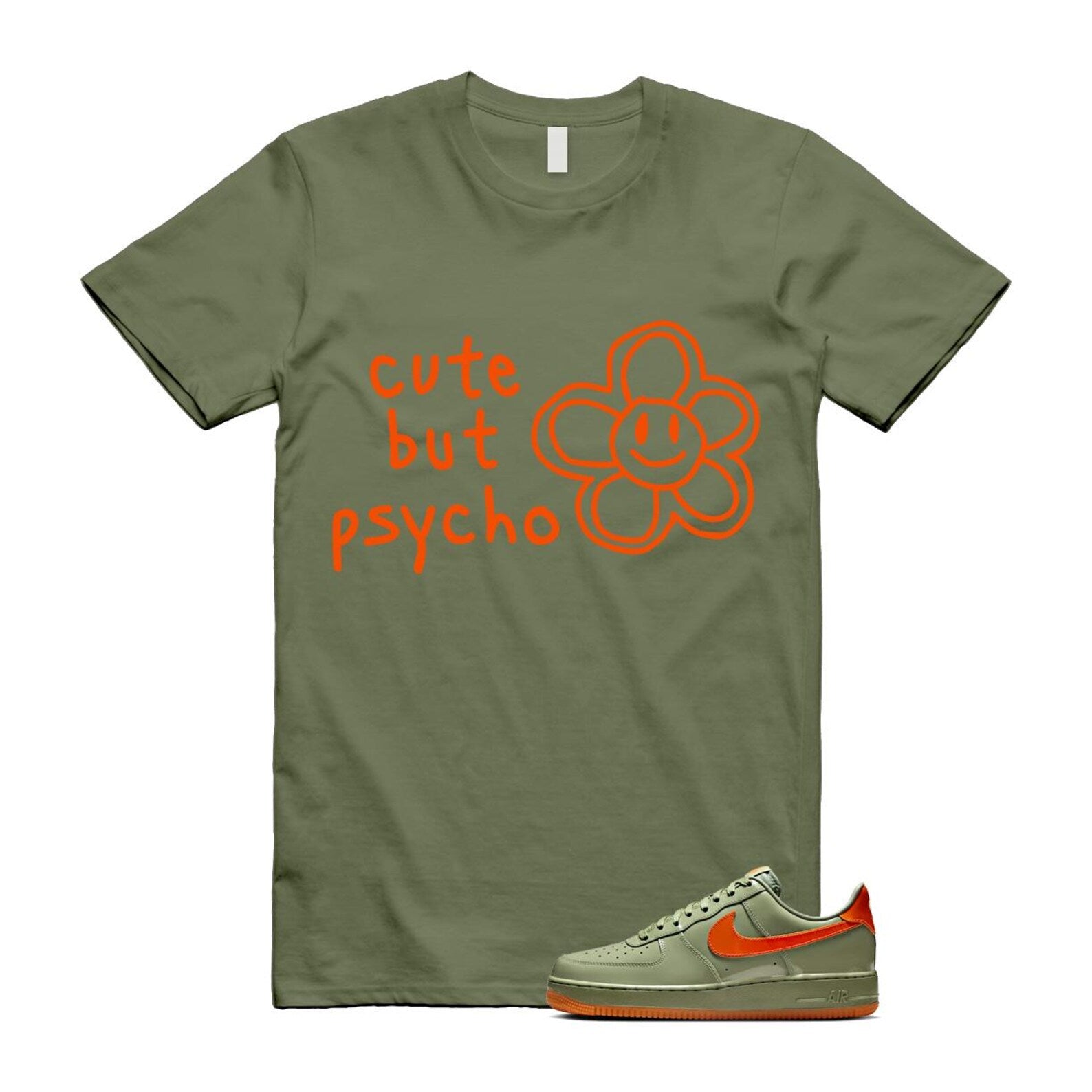 Air Force 1 Wet Putty 2.0 Low '07 Premium Oil Green Safety Orange T Shirt Match PSYCHO T-Shirt, Sneaker Match Tee