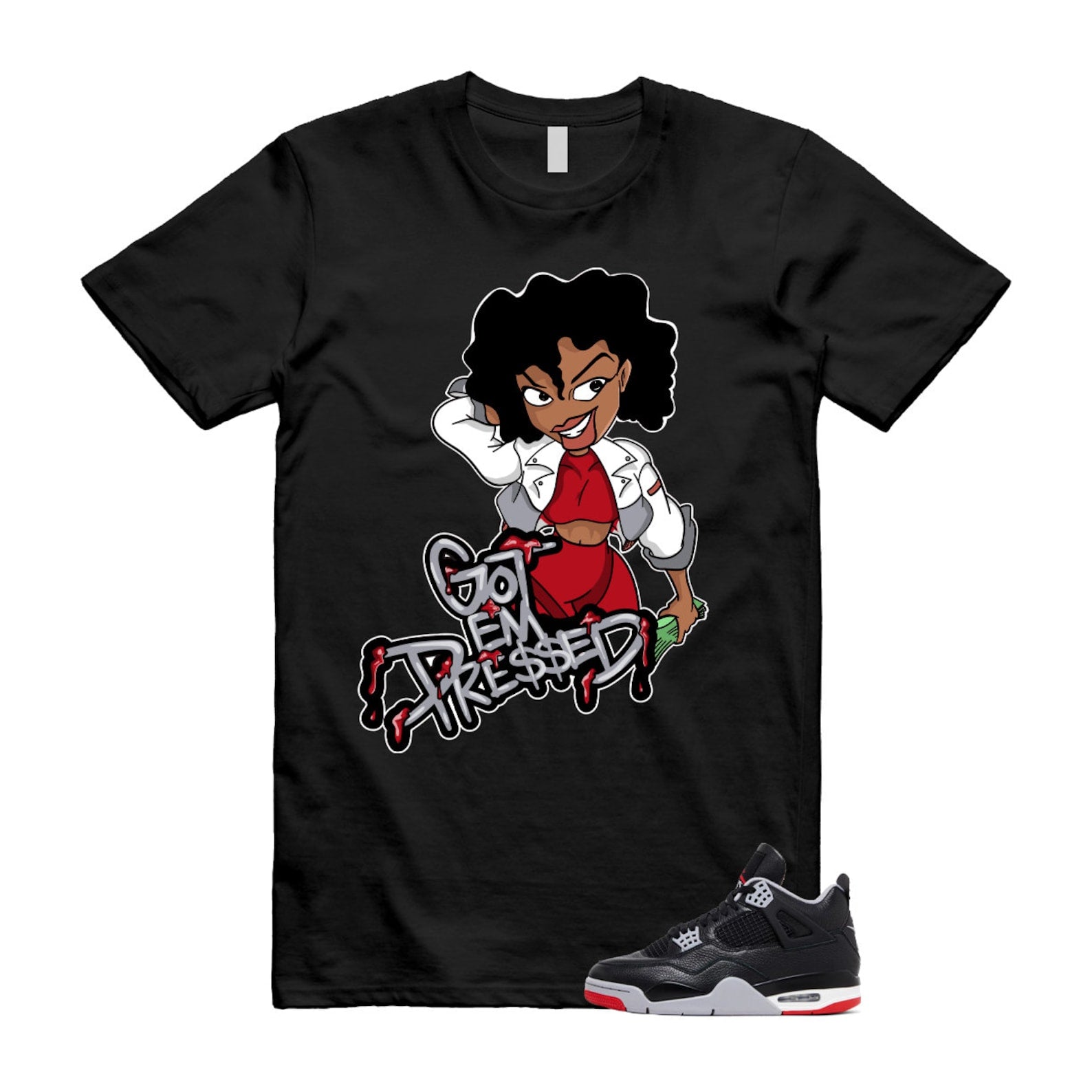 4 Bred Reimagined Black Cement Grey Varsity Red Summit White Retro T Shirt Match PRESSED T-Shirt, Sneaker Match Tee
