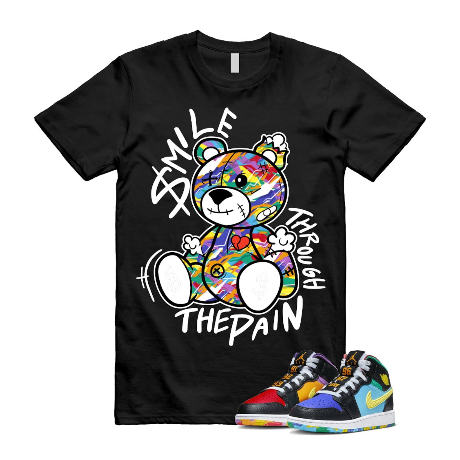 Six Championships Air 1 Mid GS Black Opti Yellow University Red Light Ultramarine Sundial Baltic Blue T Shirt Match Smile Through The Pain T-Shirt, Sneaker Match Tee