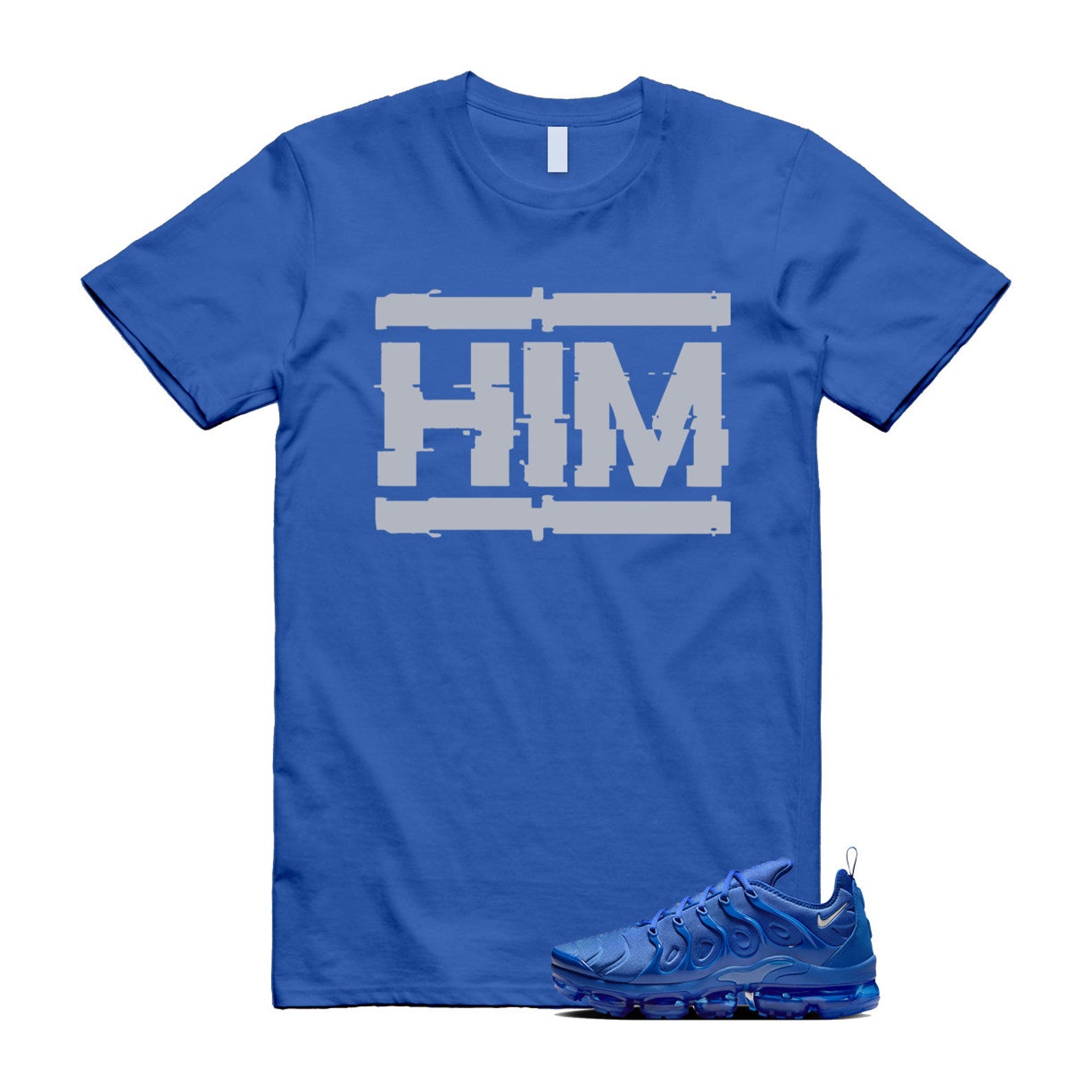 VaporMax Game Royal Blue Air Plus Silver Grey White T Shirt Match HIM ,HJ9148-480 T-Shirt, Sneaker Match Tee