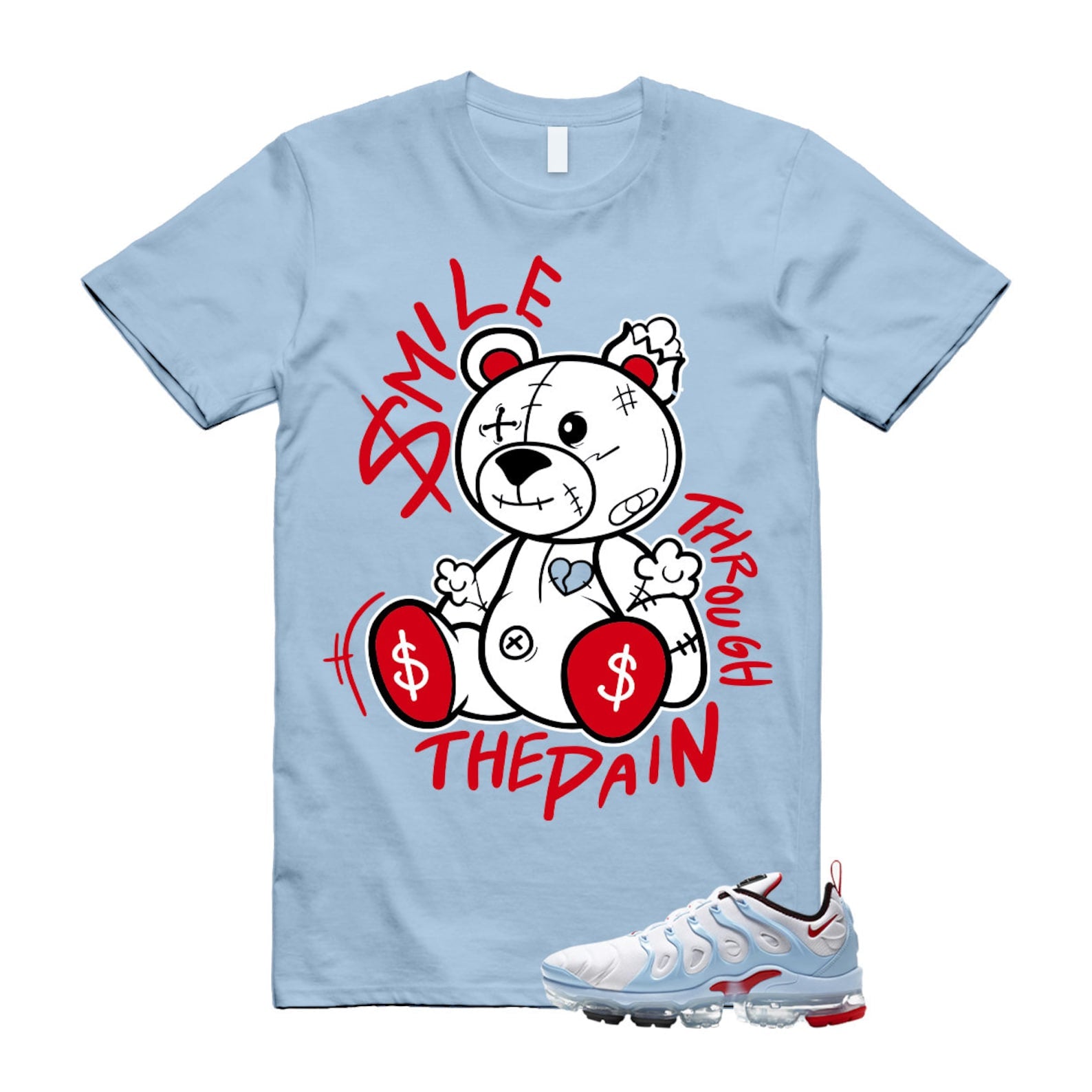 VaporMax Chicago University Red Air Plus White Psychic Blue T Shirt Match Smile Through The Pain ,CW6974-100 T-Shirt, Sneaker Match Tee