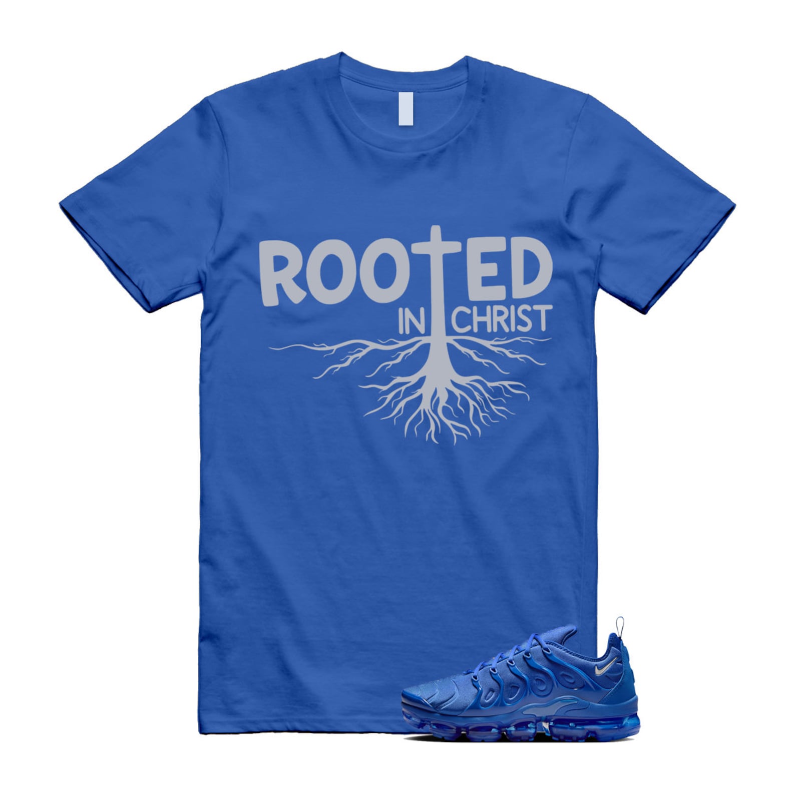 VaporMax Game Royal Blue Air Plus Silver Grey White T Shirt Match ROOTED ,HJ9148-480 T-Shirt, Sneaker Match Tee