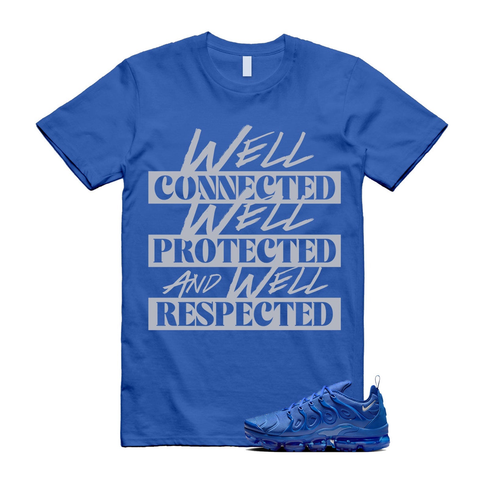 VaporMax Game Royal Blue Air Plus Silver Grey White T Shirt Match WELL ,HJ9148-480 T-Shirt, Sneaker Match Tee