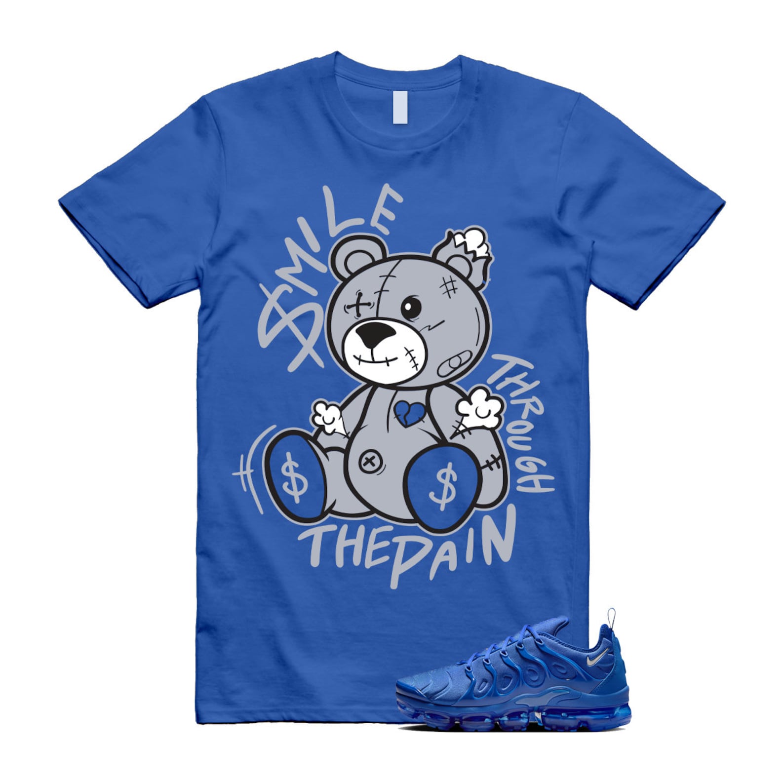 VaporMax Game Royal Blue Air Plus Silver Grey White T Shirt Match Smile Through The Pain ,HJ9148-480 T-Shirt, Sneaker Match Tee