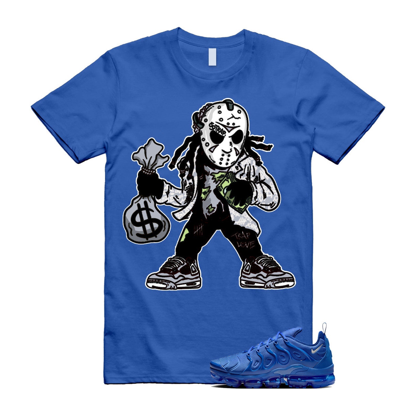 VaporMax Game Royal Blue Air Plus Silver Grey White T Shirt Match JASON ,HJ9148-480 T-Shirt, Sneaker Match Tee