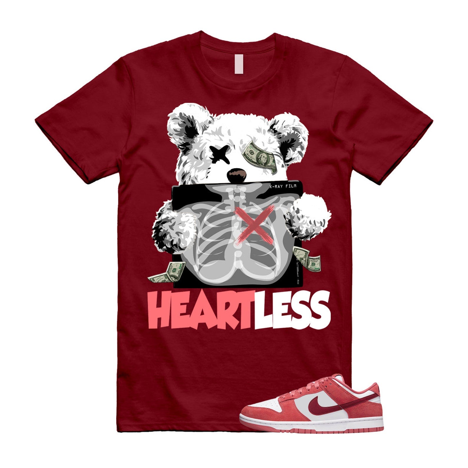 Dunk Valentine's Day Low Team Red Adobe Dragon White T Shirt Match HEART ,FQ7056-100 T-Shirt, Sneaker Match Tee
