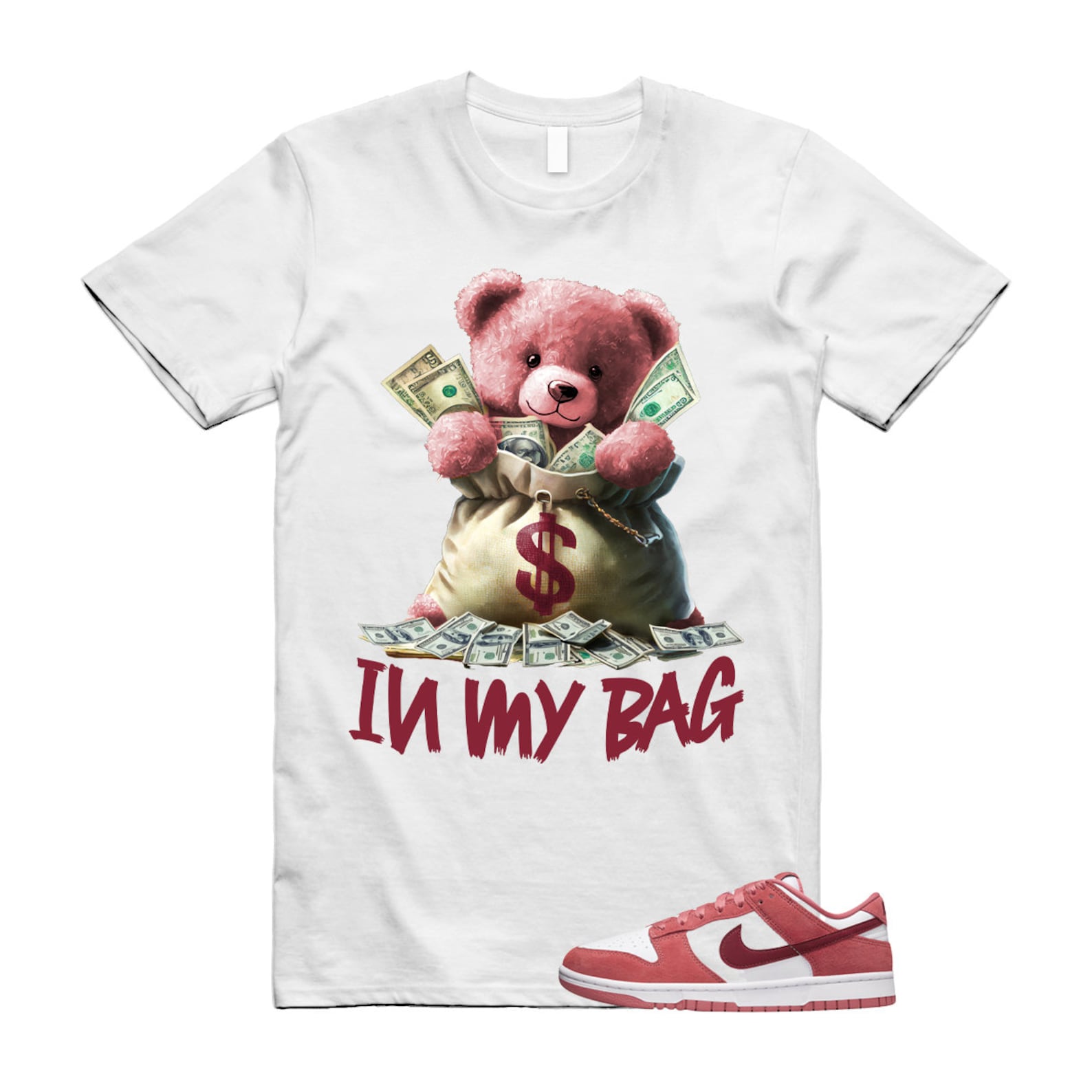Dunk Valentine's Day Low Team Red Adobe Dragon White T Shirt Match BAG ,FQ7056-100 T-Shirt, Sneaker Match Tee
