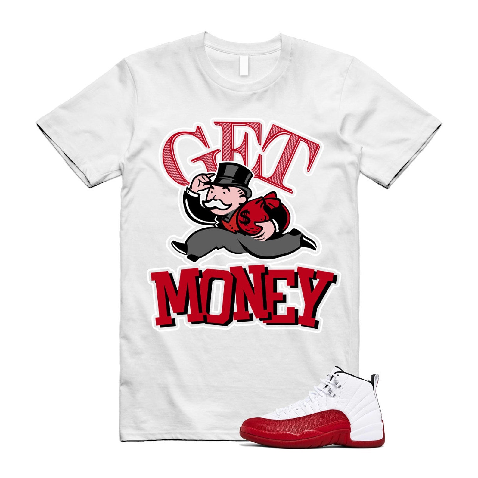 Jordan 12 Cherry Varsity Red White Shirt to Match Get Money CT8013-116 Match Sneaker Tee