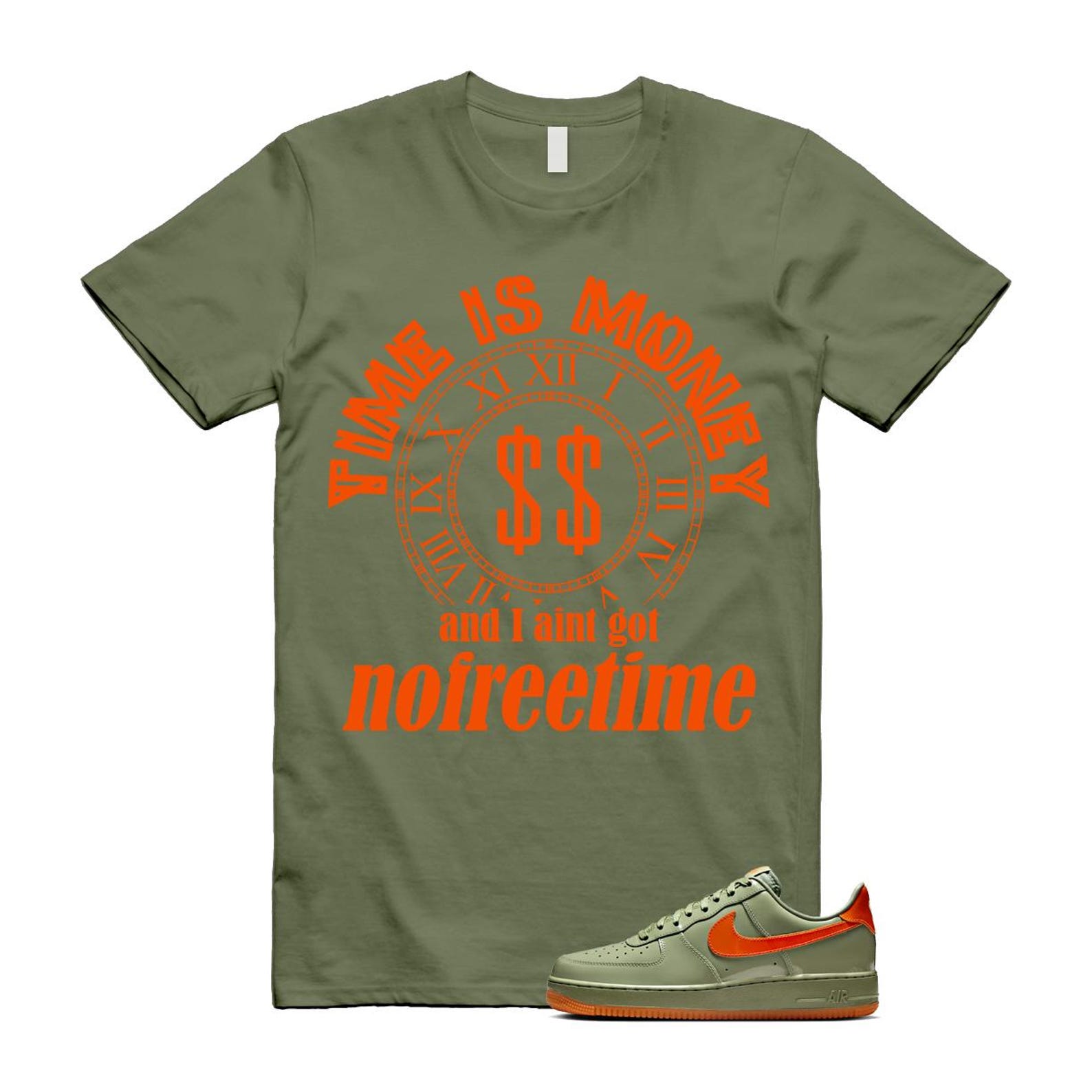 Air Force 1 Wet Putty 2.0 Low '07 Premium Oil Green Safety Orange T Shirt Match FREE TIME ,HJ9118-386 T-Shirt, Sneaker Match Tee