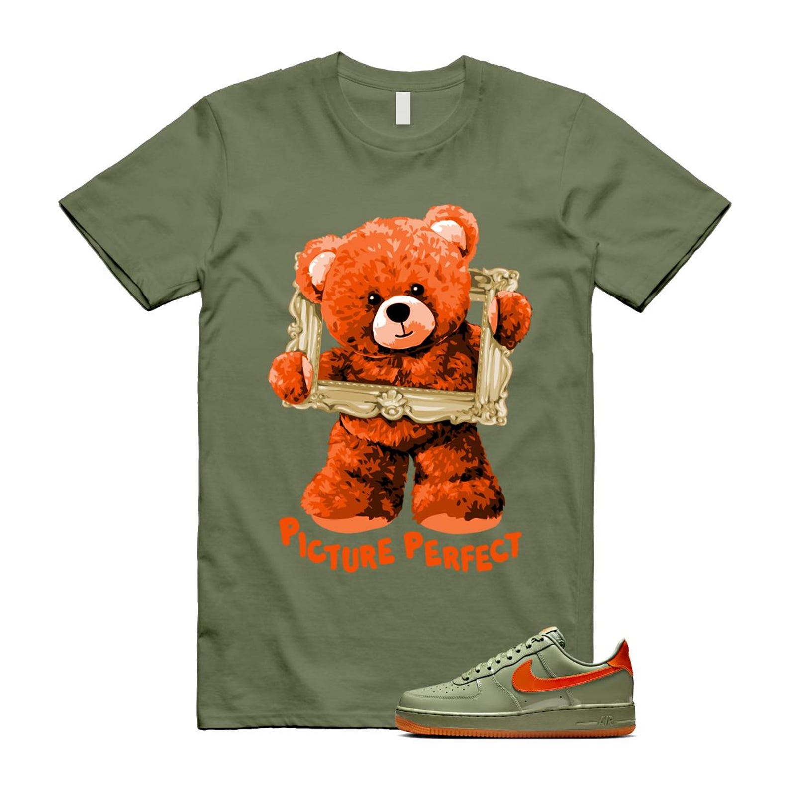 Air Force 1 Wet Putty 2.0 Low '07 Premium Oil Green Safety Orange T Shirt Match PIC ,HJ9118-386 T-Shirt, Sneaker Match Tee