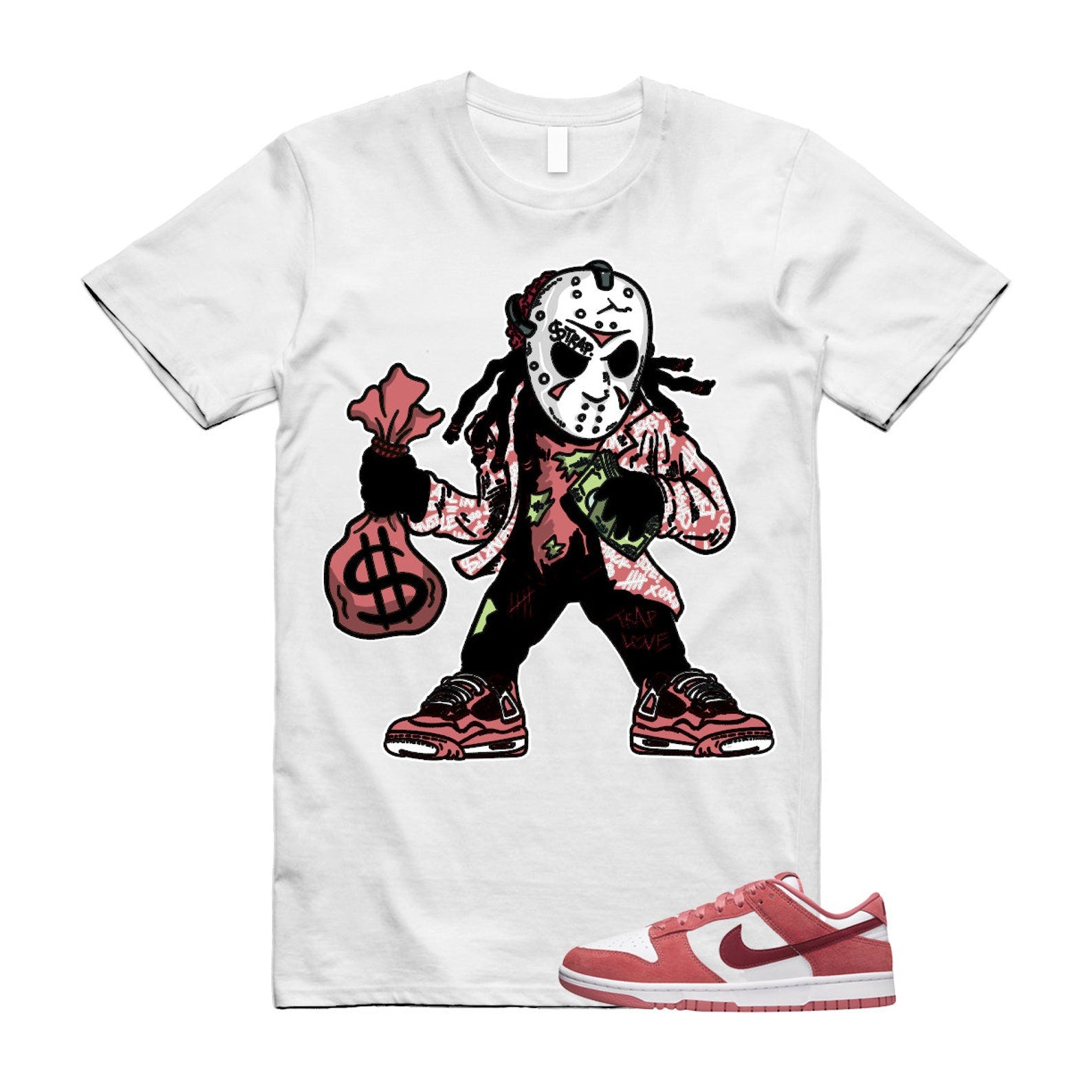 Dunk Valentine's Day Low Team Red Adobe Dragon White T Shirt Match JASON ,FQ7056-100 T-Shirt, Sneaker Match Tee