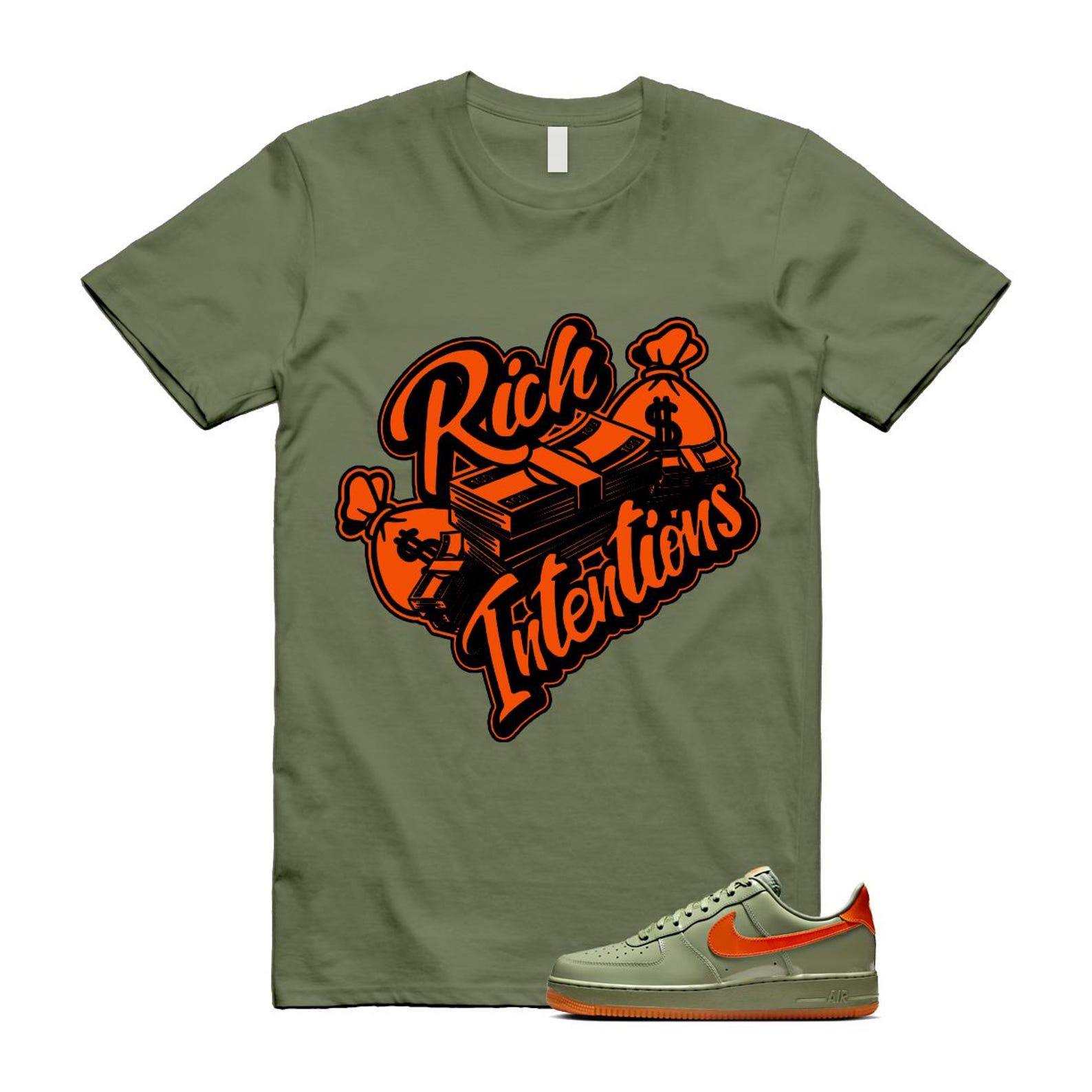 Air Force 1 Wet Putty 2.0 Low '07 Premium Oil Green Safety Orange T Shirt Match RICH ,HJ9118-386 T-Shirt, Sneaker Match Tee