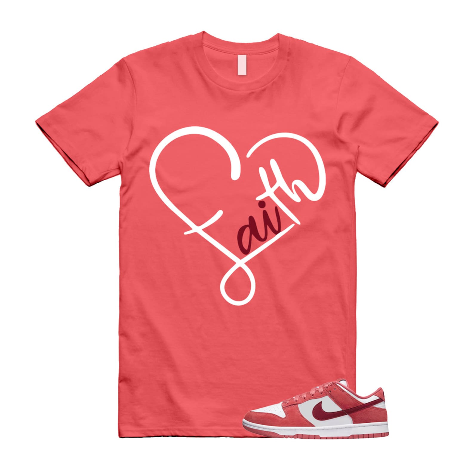 Dunk Valentine's Day Low Team Red Adobe Dragon White T Shirt Match FAITH ,FQ7056-100 T-Shirt, Sneaker Match Tee
