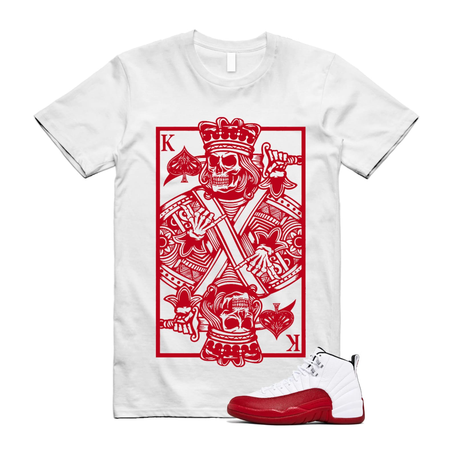 Jordan 12 Cherry Varsity Red White Shirt to Match King Skull Card CT8013-116 Match Sneaker Tee