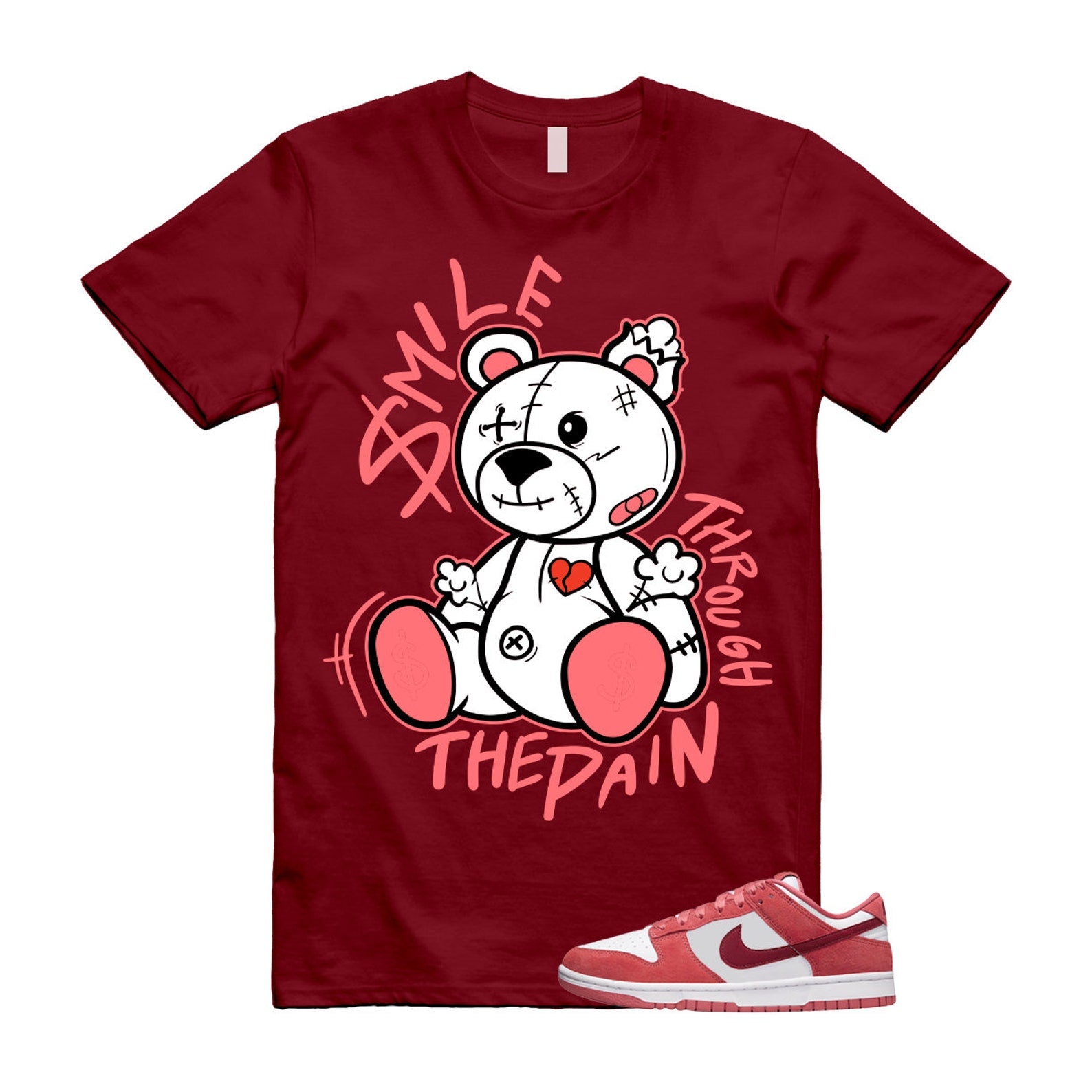 Dunk Valentine's Day Low Team Red Adobe Dragon White T Shirt Match Smile Through The Pain ,FQ7056-100 T-Shirt, Sneaker Match Tee