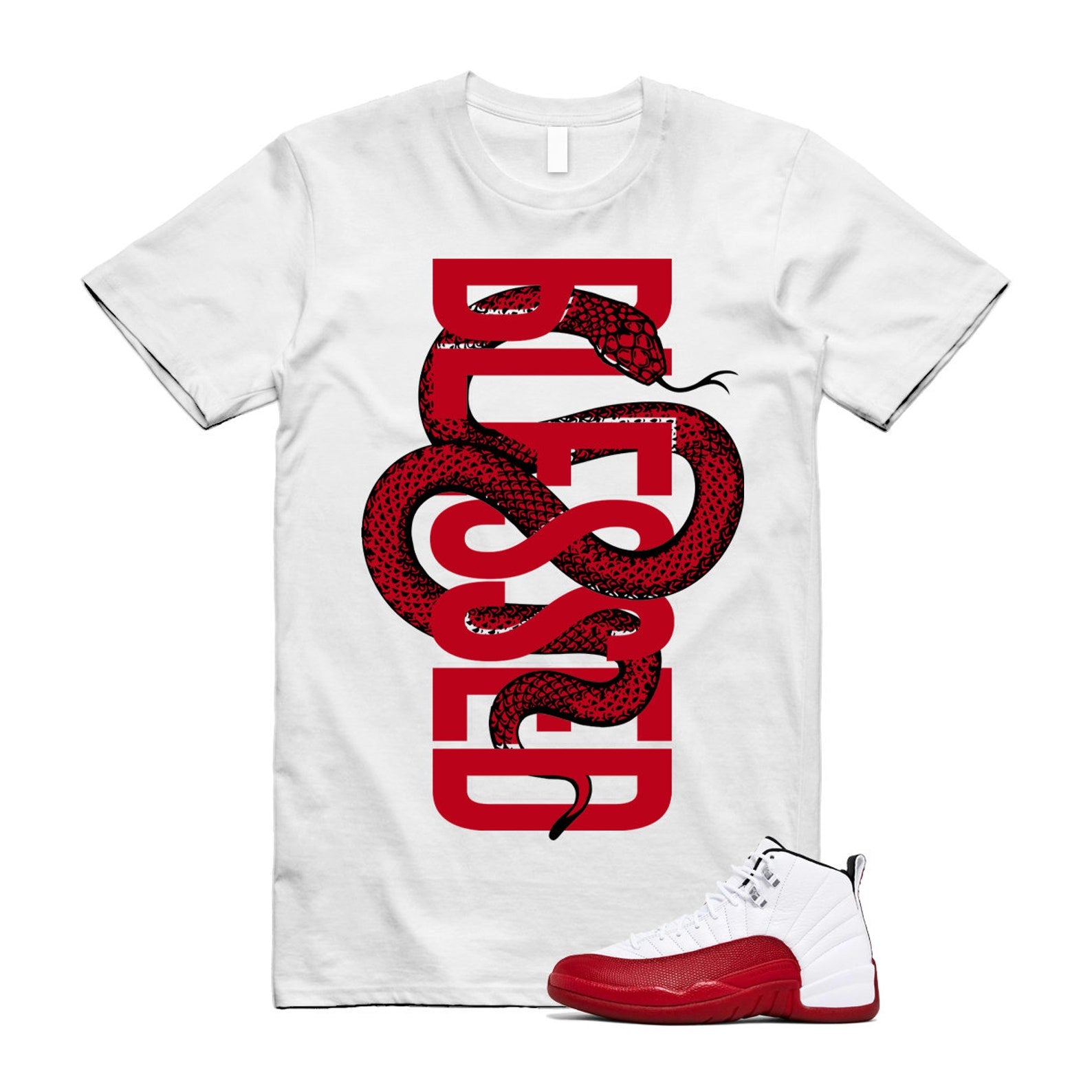 Jordan 12 Cherry Varsity Red White Shirt to Match Blessed Snake CT8013-116 Match Sneaker Tee