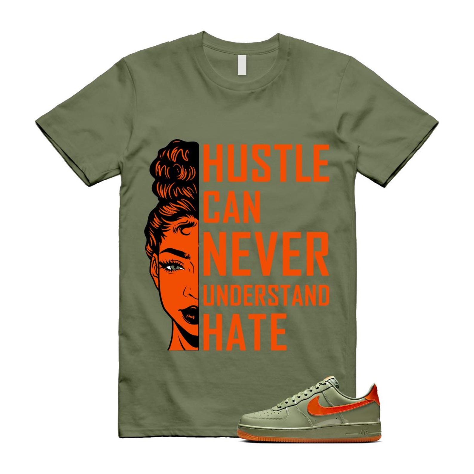 Air Force 1 Wet Putty 2.0 Low '07 Premium Oil Green Safety Orange T Shirt Match HUSTLE ,HJ9118-386 T-Shirt, Sneaker Match Tee