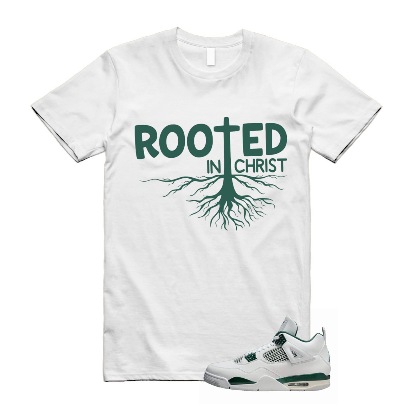 4 Oxidized Green White Neutral Grey T Shirt Match ROOTED , FQ8138-103 T-Shirt, Sneaker Match Tee