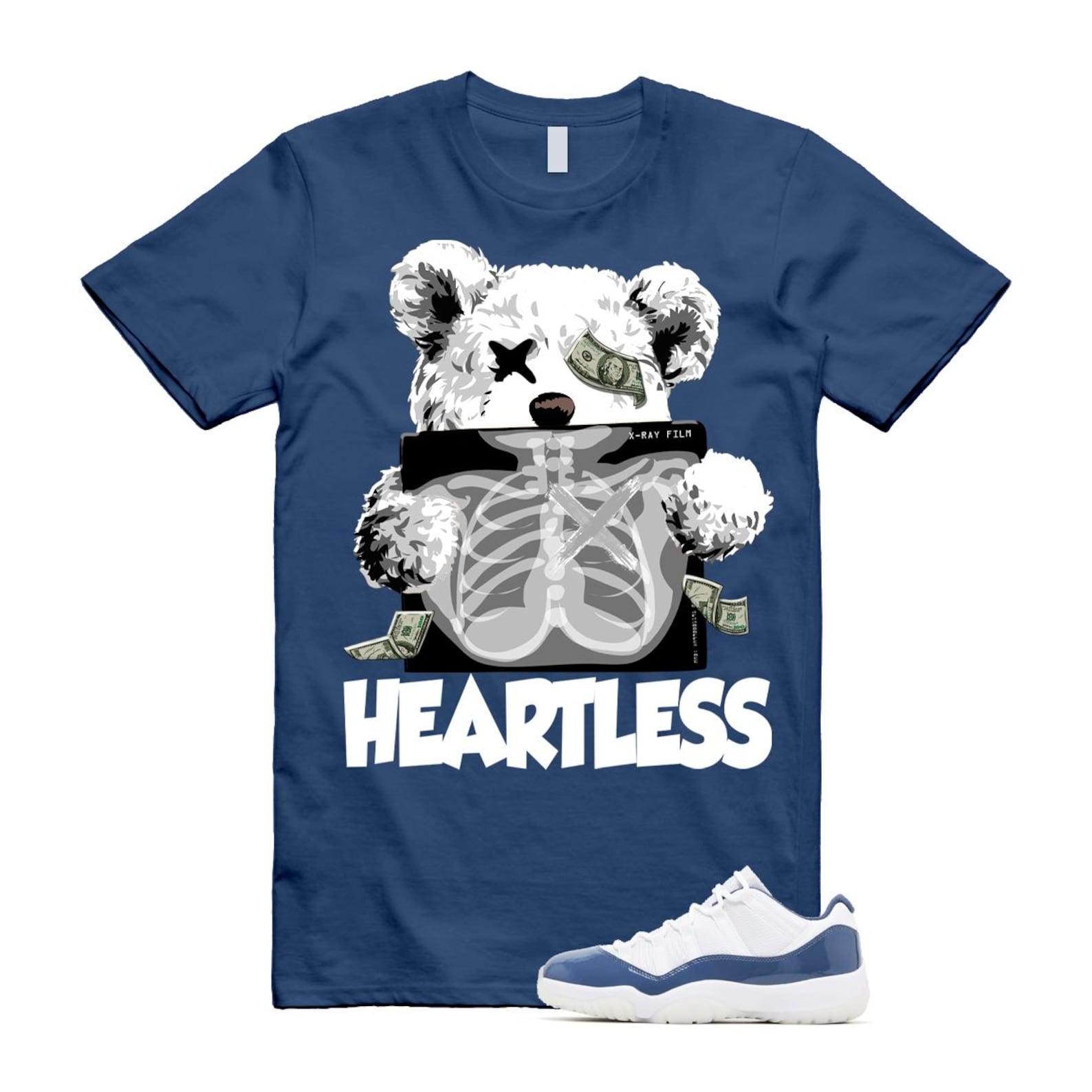 11 Diffused Blue White Midnight Navy Football Grey Retro Low T Shirt Match HEART ,FV5104-104 T-Shirt, Sneaker Match Tee