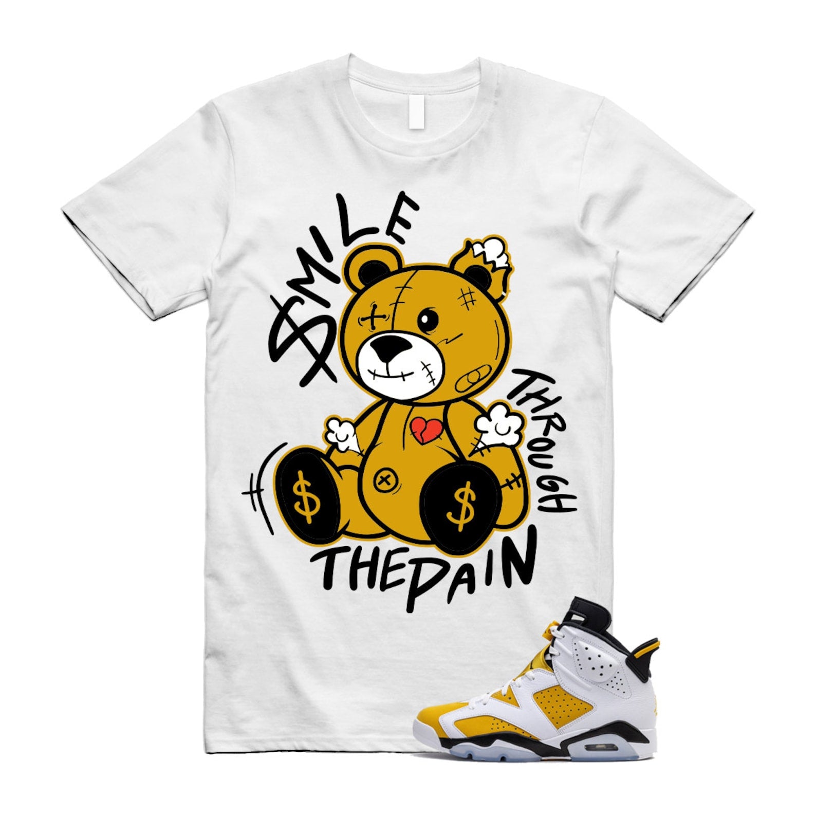 Yellow Ochre 6 Black White T Shirt Match Smile Through The Pain  ,CT8529-170 T-Shirt, Sneaker Match Tee