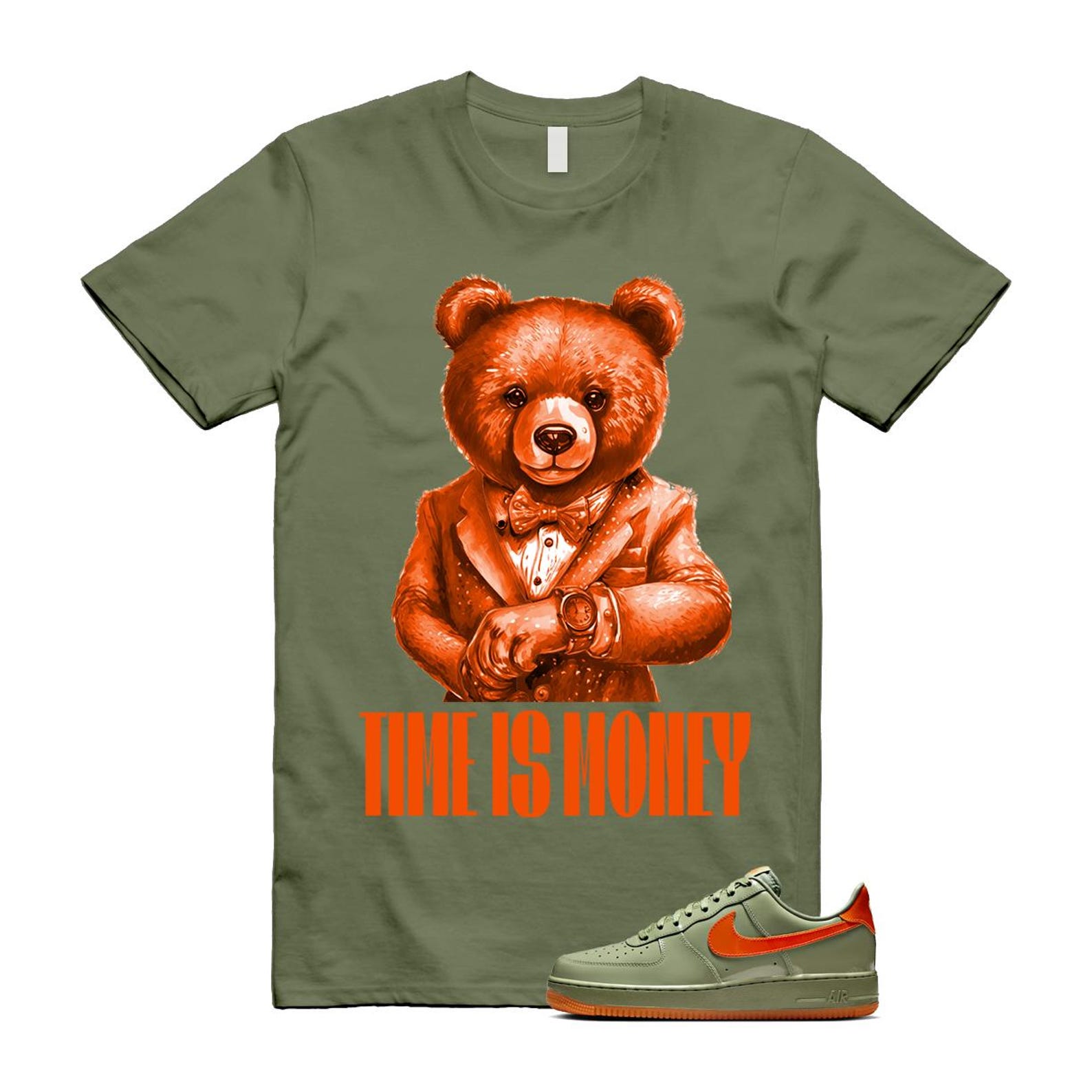 Air Force 1 Wet Putty 2.0 Low '07 Premium Oil Green Safety Orange T Shirt Match TIM ,HJ9118-386 T-Shirt, Sneaker Match Tee