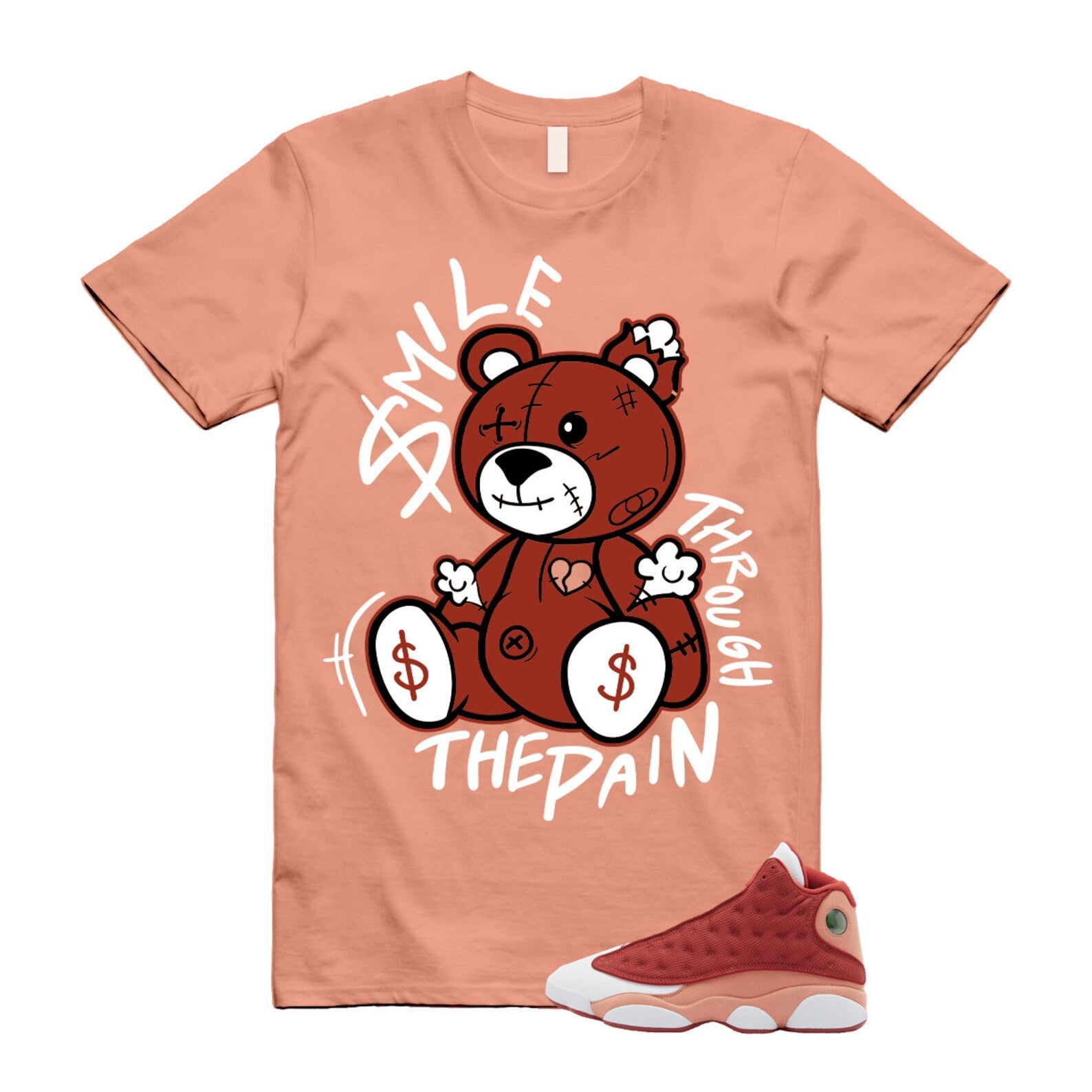 13 Dune Red Terra Blush White T Shirt Match Smile Through The Pain ,DJ5982-601 T-Shirt, Sneaker Match Tee