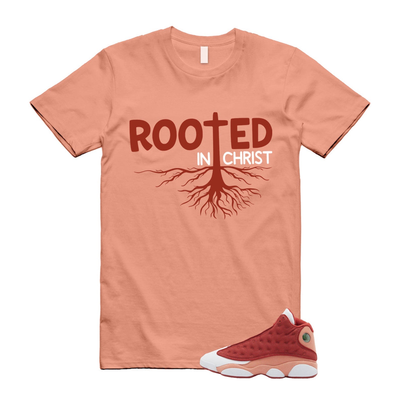 13 Dune Red Terra Blush White T Shirt Match ROOTED ,DJ5982-601 T-Shirt, Sneaker Match Tee