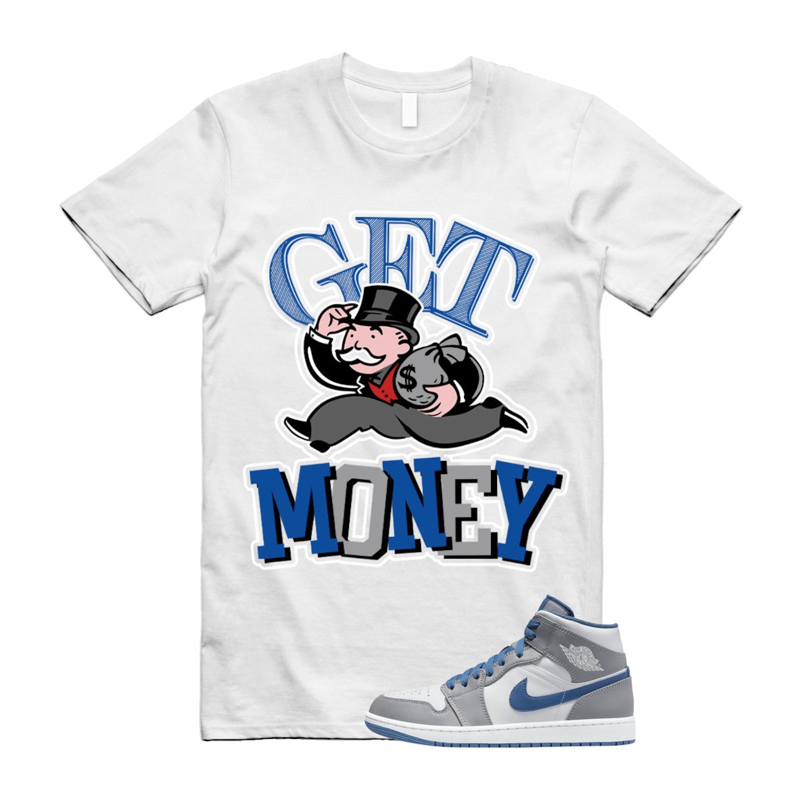 GM T Shirt to match Air 1 Mid True Blue Cement Grey White ,DQ8423-014 T-Shirt, Sneaker Match Tee