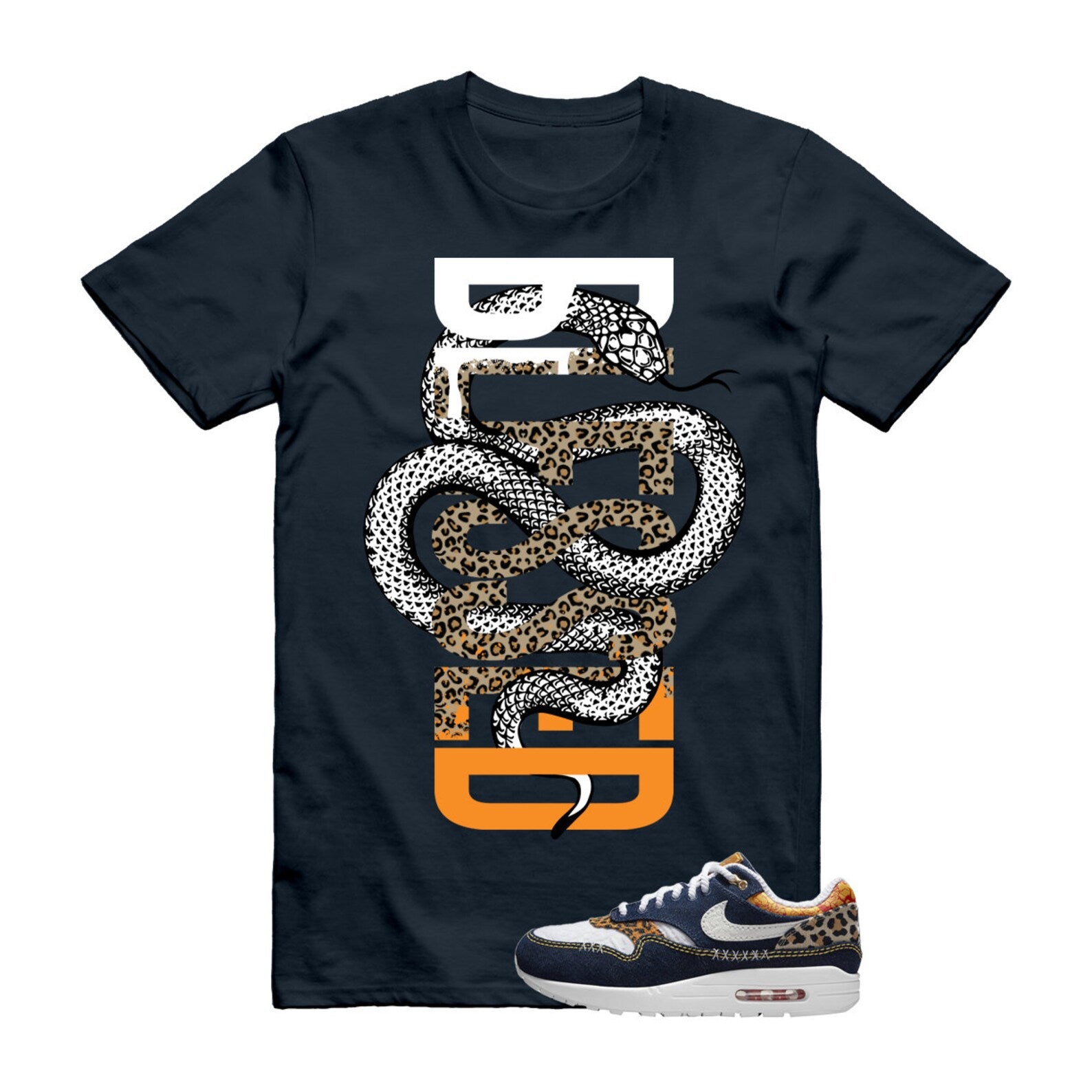 SNAKEBLS T Shirt to match N Air Max 1 Premium Denim Leopard Medium Blue White University Metallic Gold Picante Red Desert Ochre ,FJ4452-432 T-Shirt, Sneaker Match Tee