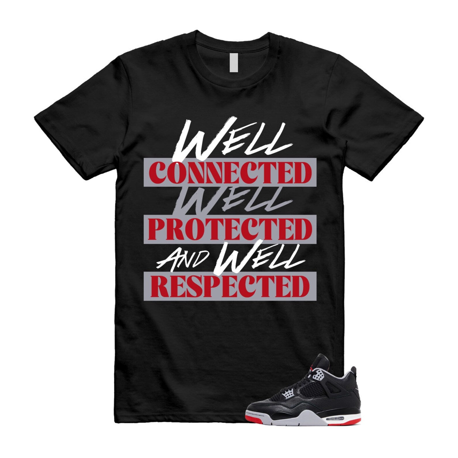 4 Bred Reimagined Black Cement Grey Varsity Red Summit White Retro T Shirt Match WELL ,FV5029-006 T-Shirt, Sneaker Match Tee