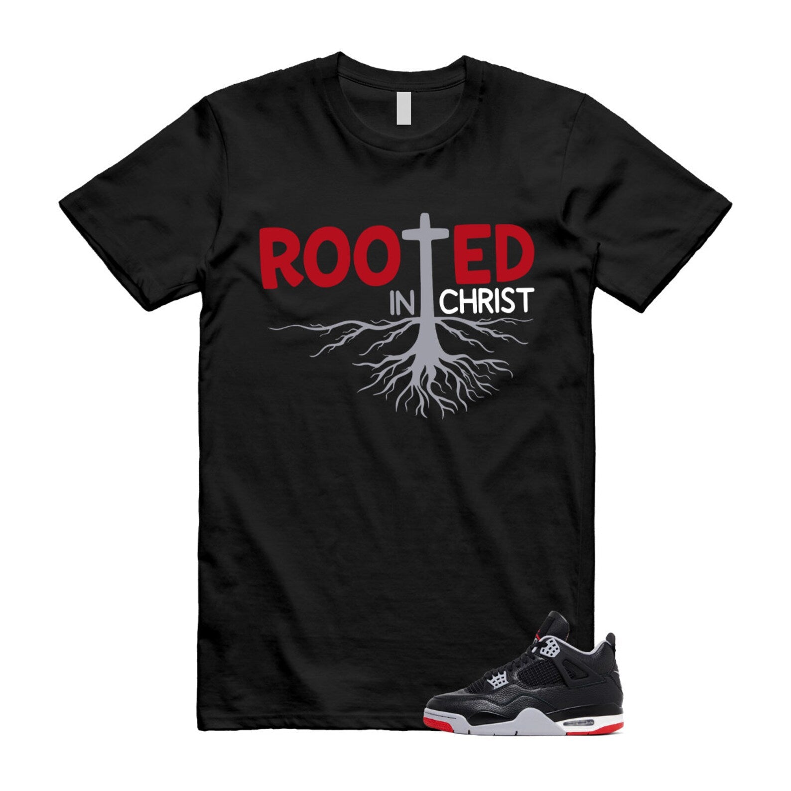 4 Bred Reimagined Black Cement Grey Varsity Red Summit White Retro T Shirt Match ROOTED ,FV5029-006 T-Shirt, Sneaker Match Tee
