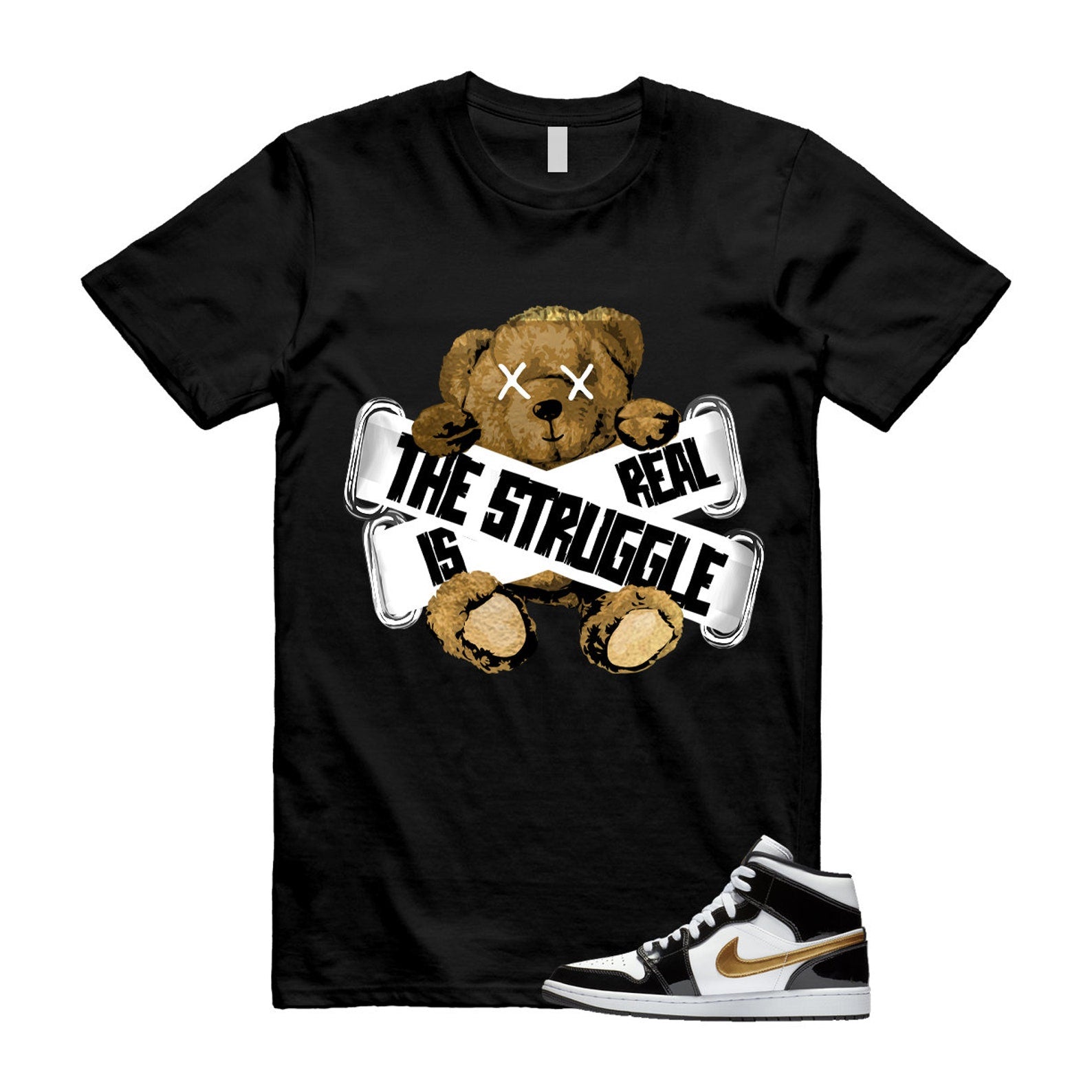 Metallic Gold Patent Black White Air 1 Mid T Shirt Match TSIR ,852542-007 T-Shirt, Sneaker Match Tee