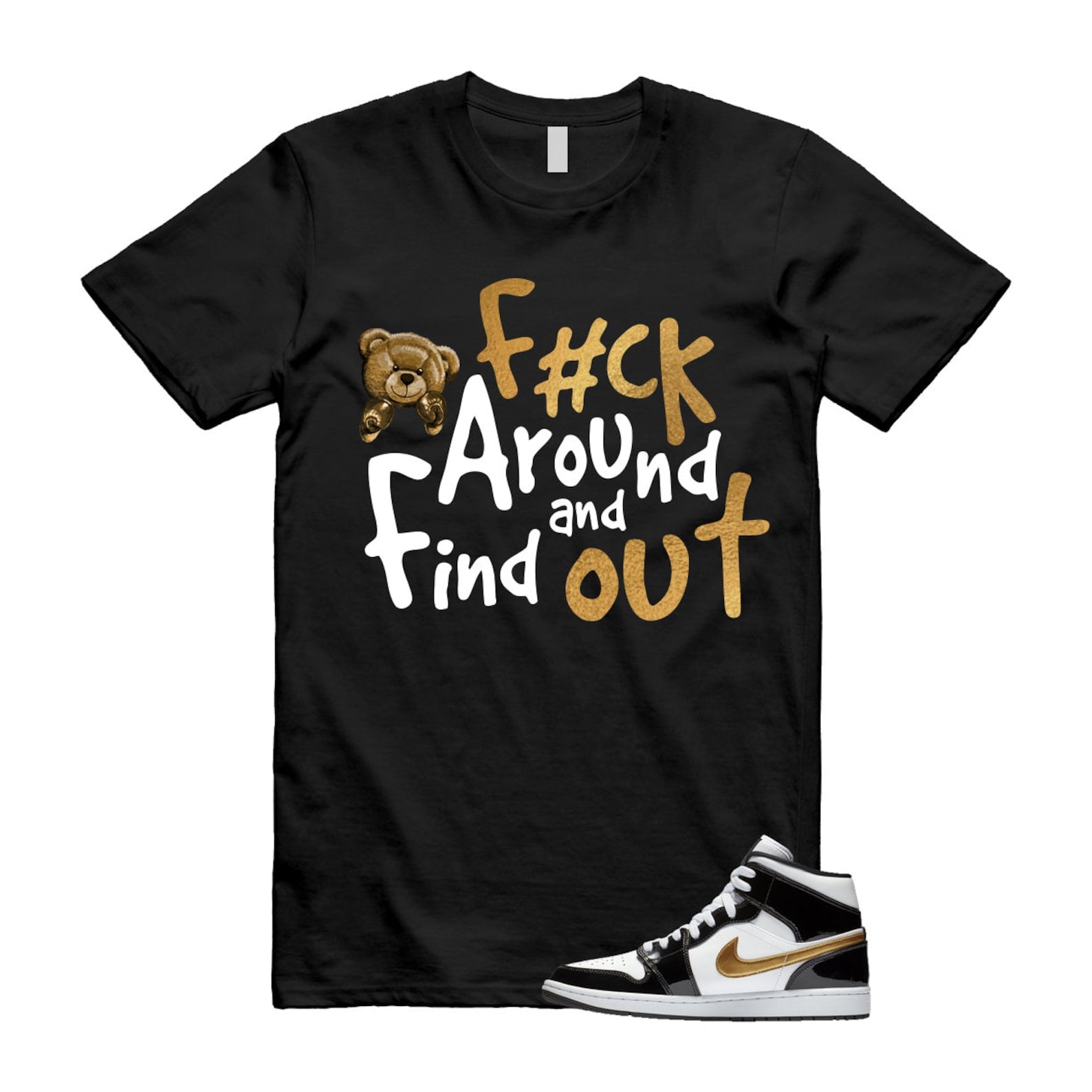 Metallic Gold Patent Black White Air 1 Mid T Shirt Match FCK ,852542-007 T-Shirt, Sneaker Match Tee