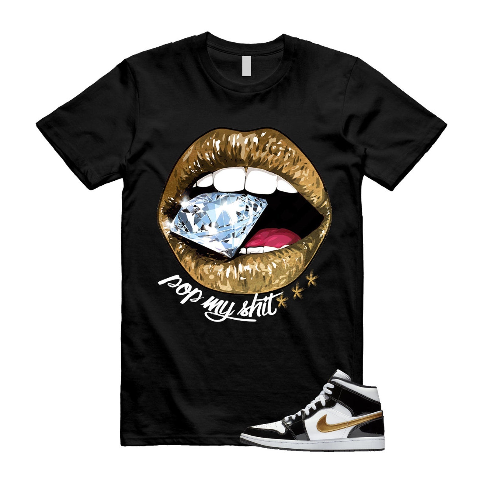 Metallic Gold Patent Black White Air 1 Mid T Shirt Match POP ,852542-007 T-Shirt, Sneaker Match Tee