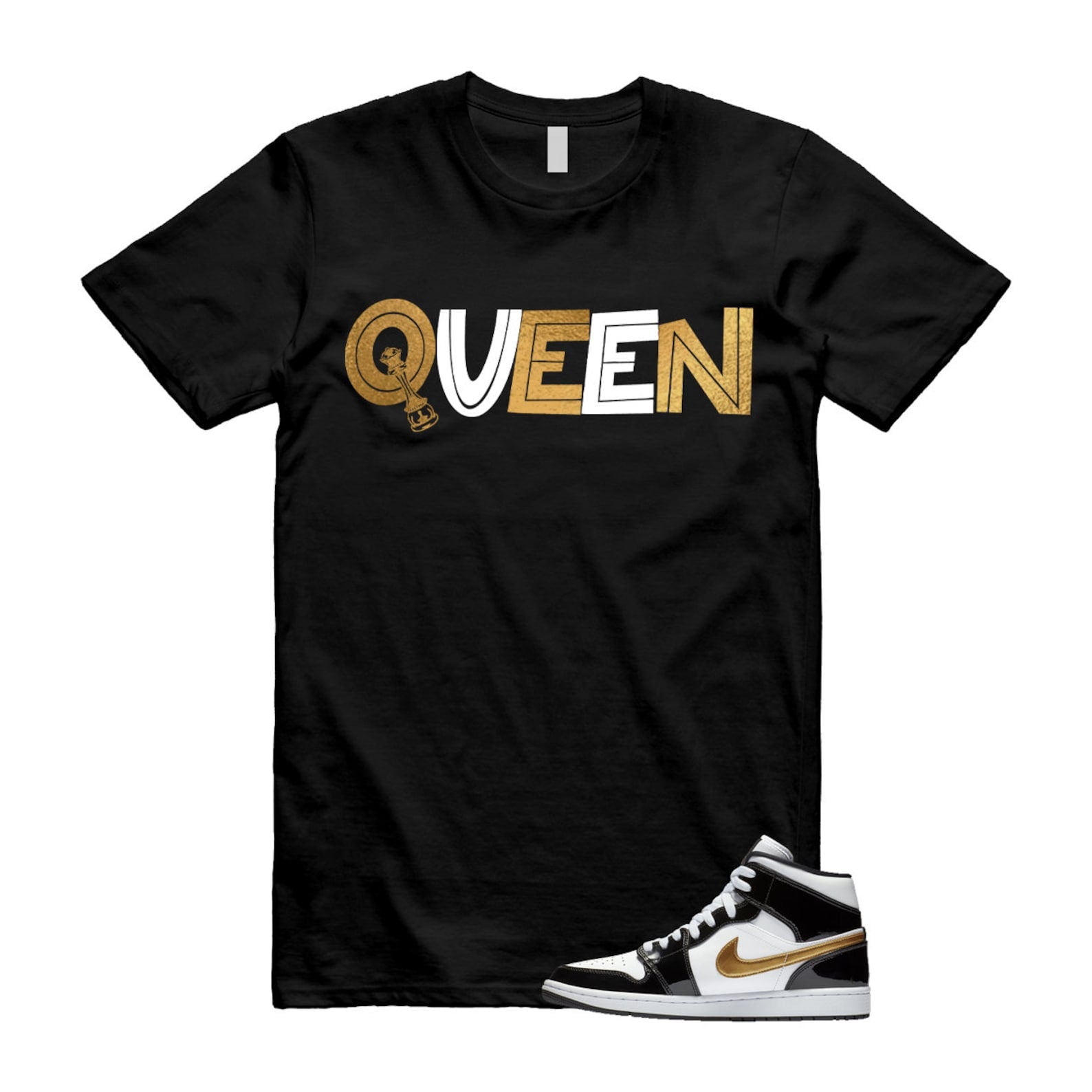 Metallic Gold Patent Black White Air 1 Mid T Shirt Match QUEEN ,852542-007 T-Shirt, Sneaker Match Tee